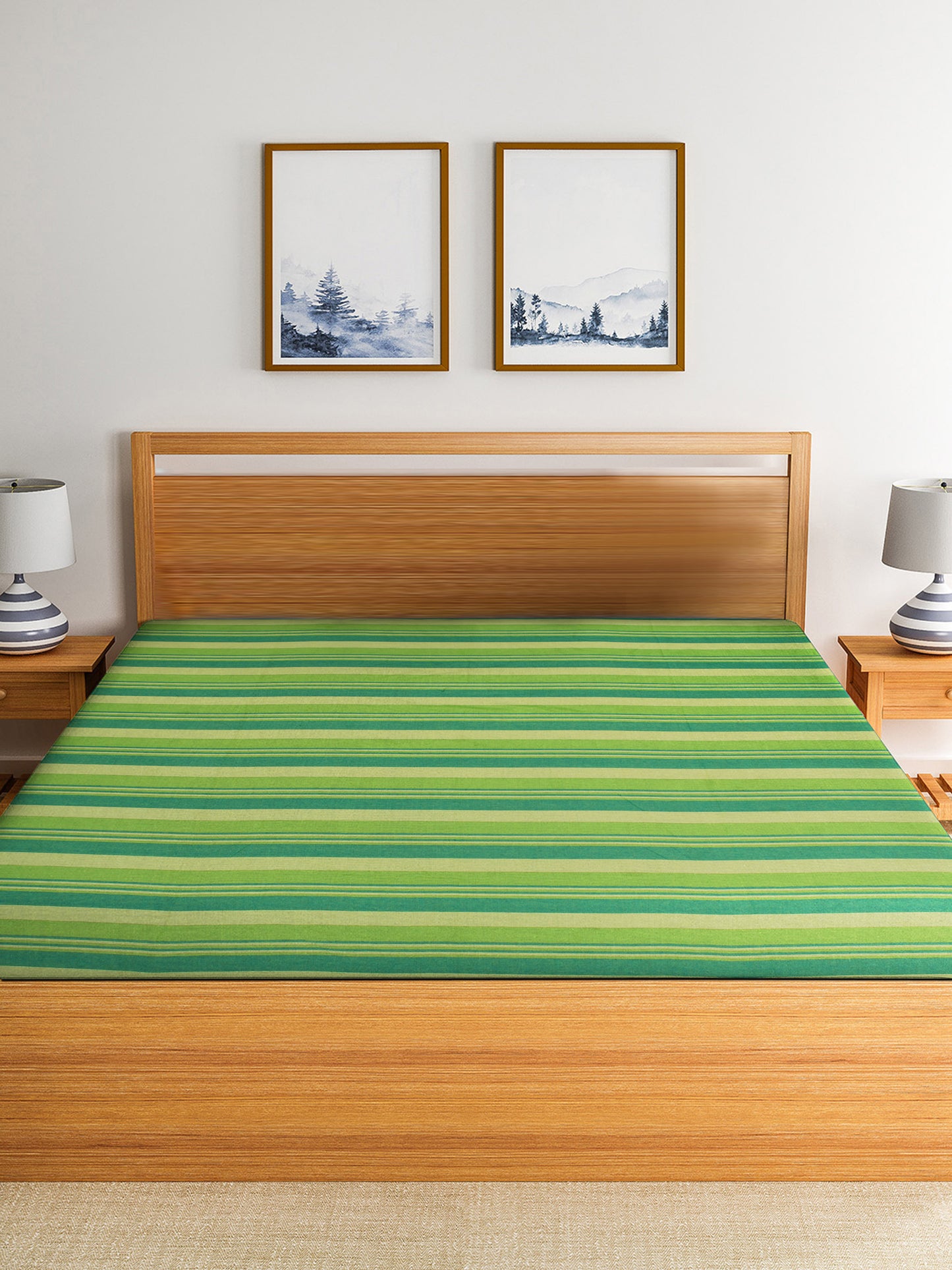 Handloom Cotton Green Striped Double Bedcover without Pillow Covers