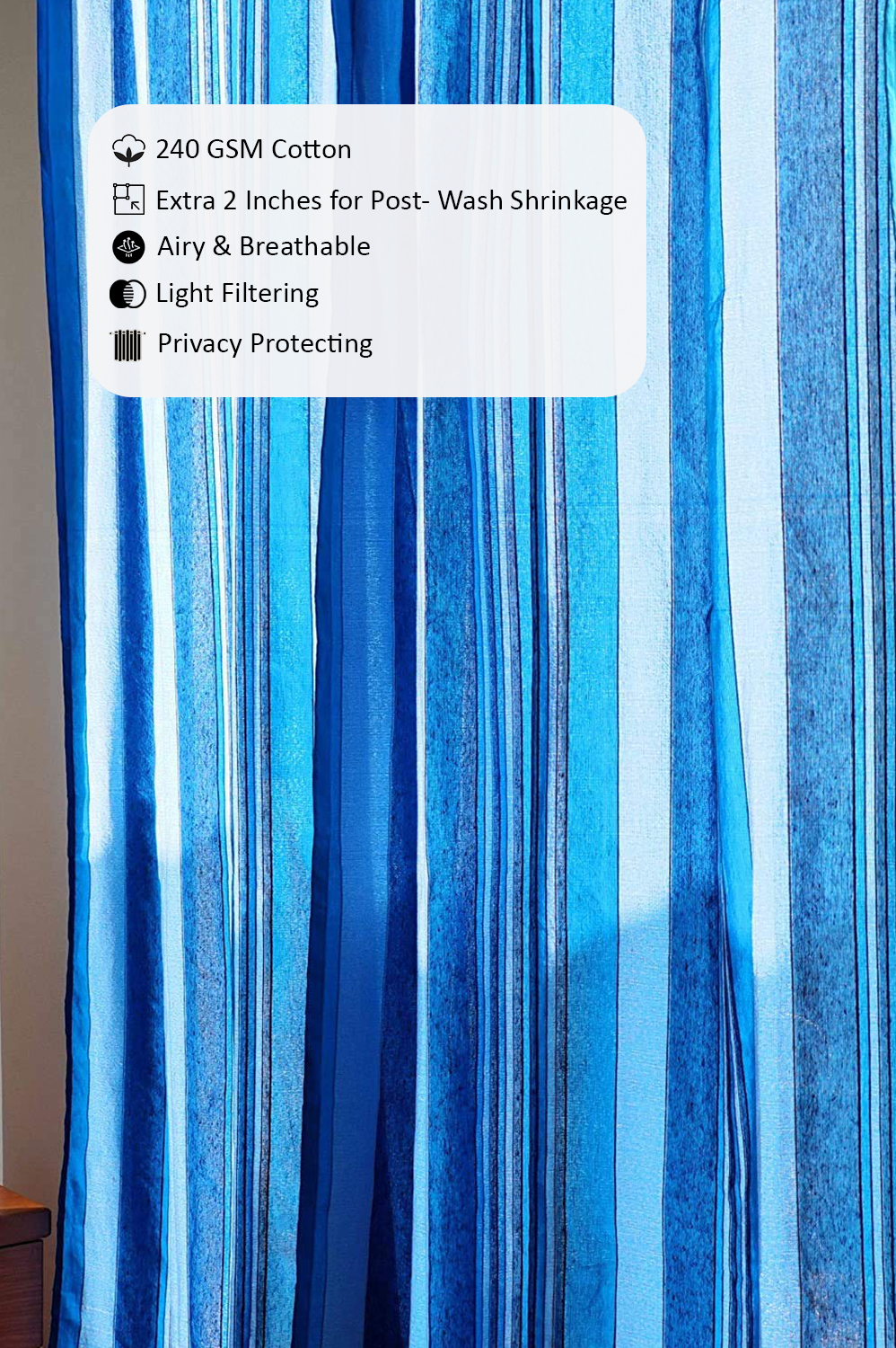 Handloom Cotton Blue Striped Light Filtering Curtains 5 feet (Set of 2)