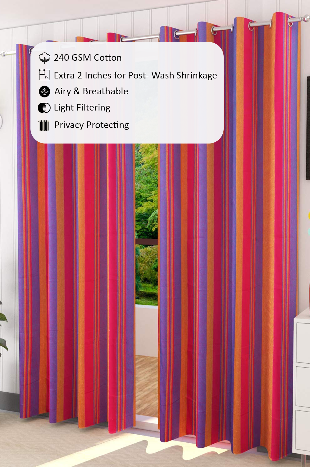 Handloom Cotton Pink Striped Light Filtering Curtains 7 feet (Set of 2)