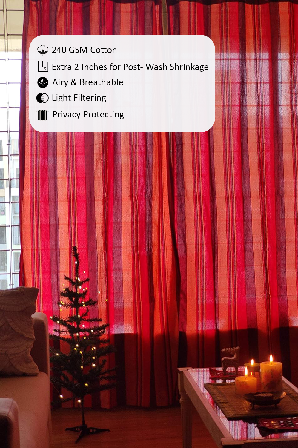 Handloom Cotton Red Striped Light Filtering Curtains 5 feet (Set of 2)