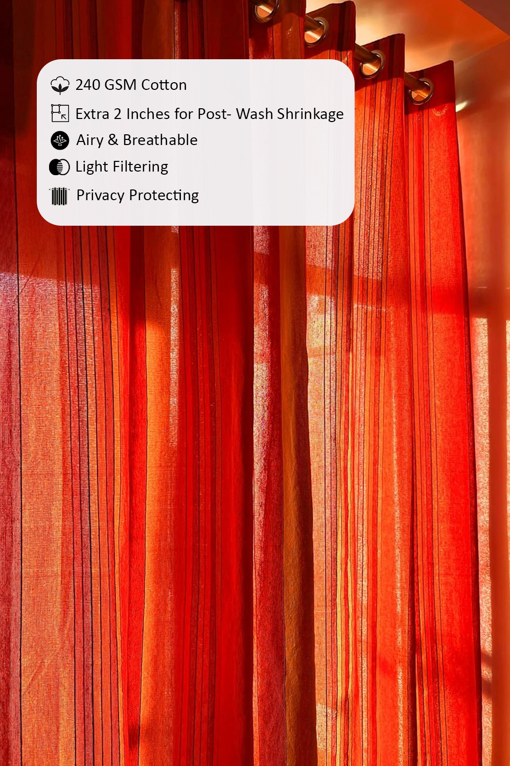 Handloom Cotton Orange Striped Light Filtering Curtains 8 feet (Set of 2)