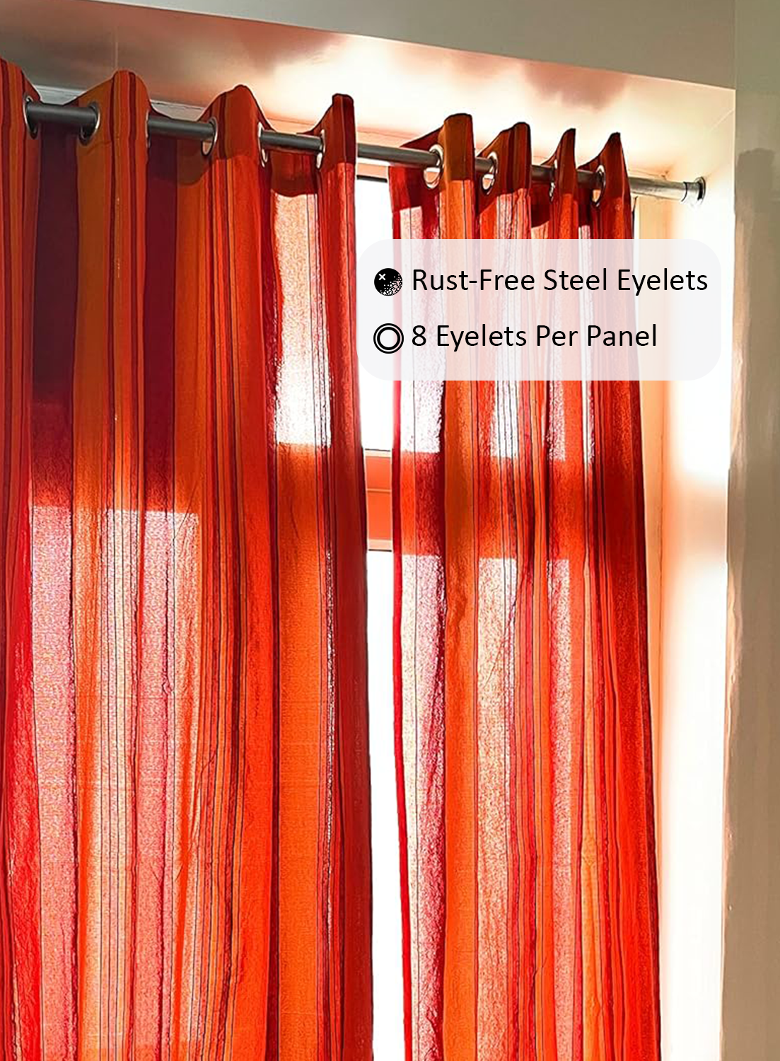 Handloom Cotton Orange Striped Light Filtering Curtains 8 feet (Set of 2)