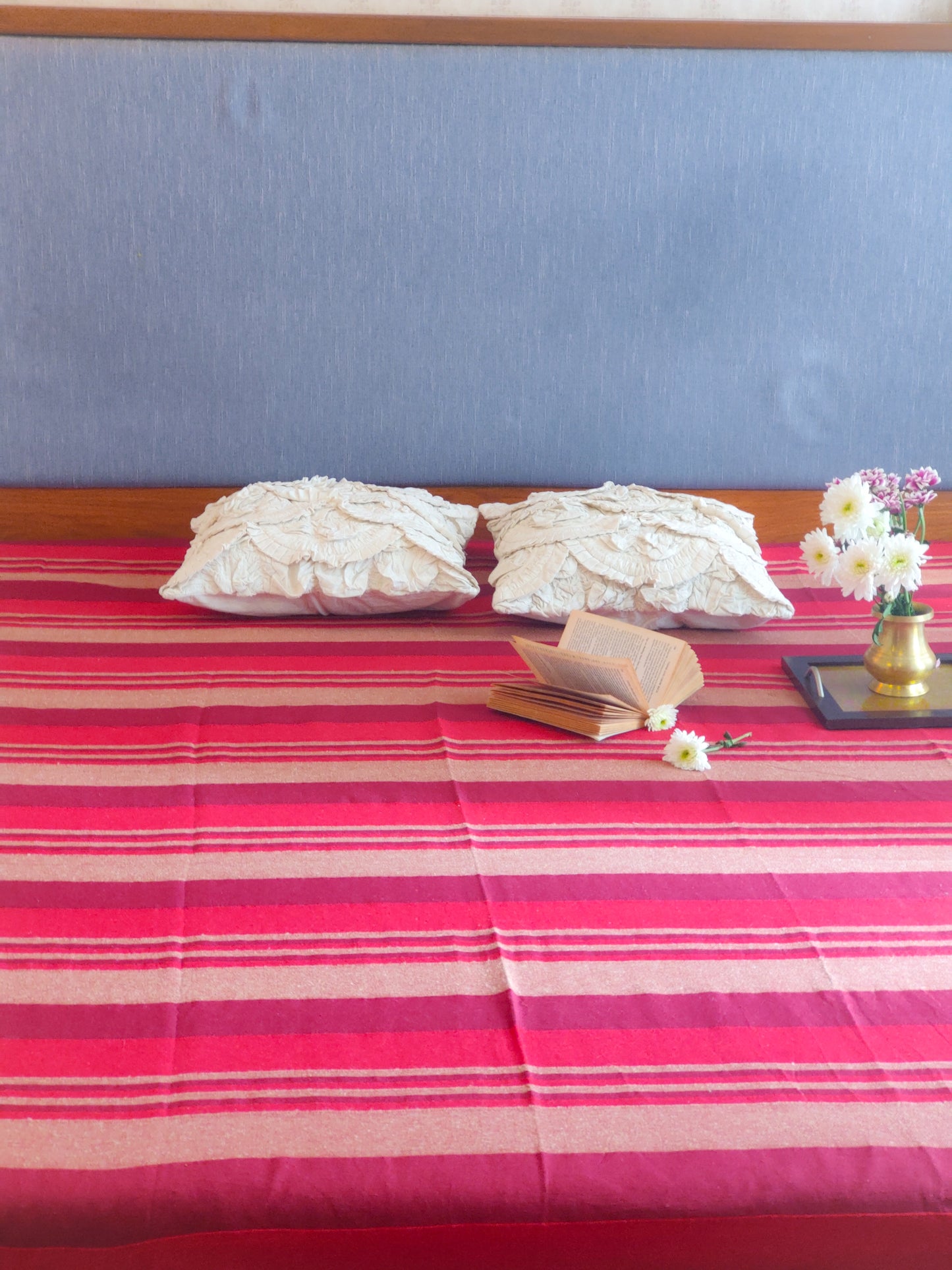 Handloom Cotton Maroon Striped Double Bedcover without Pillow Covers