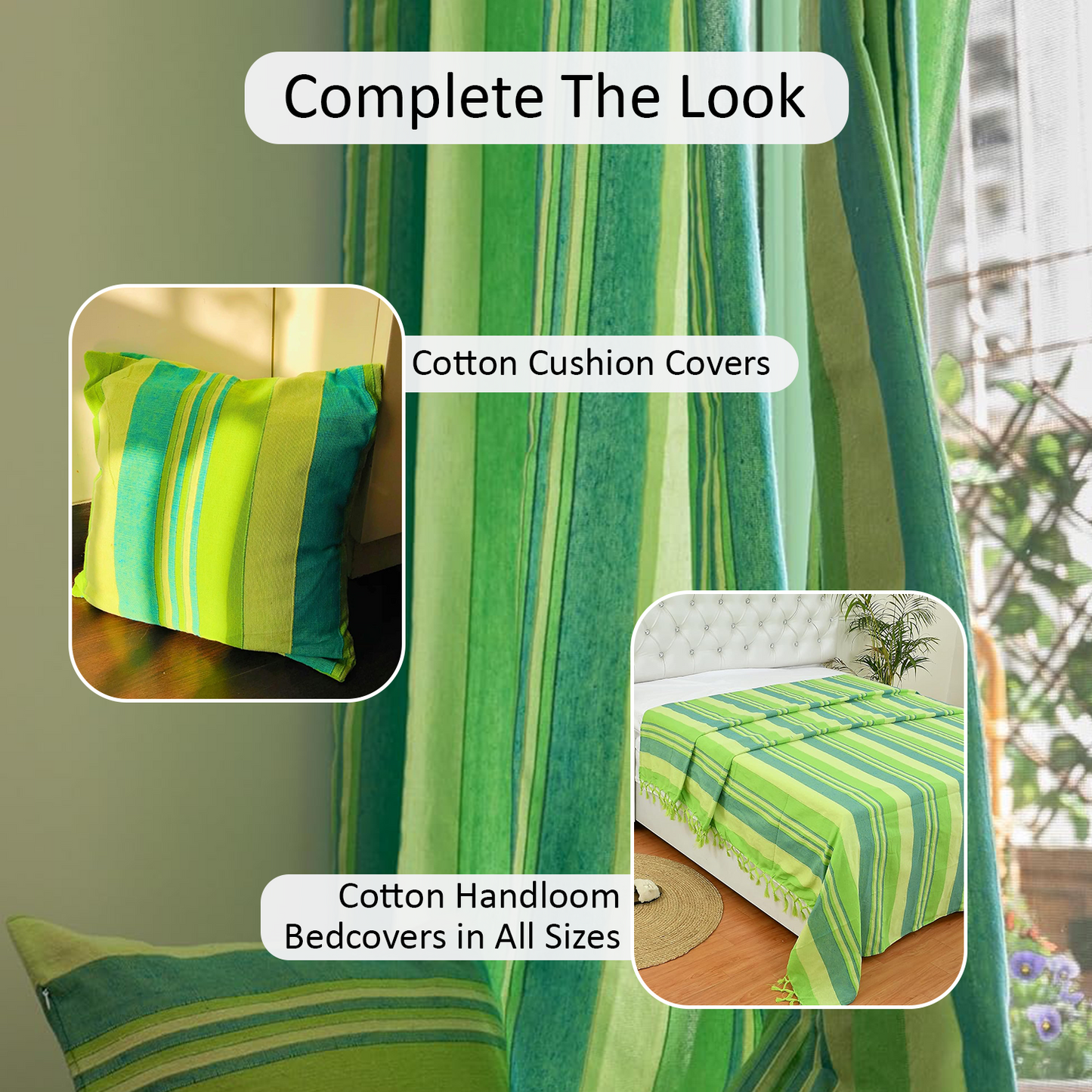 Handloom Cotton Green Striped Light Filtering Curtains 5 feet (Set of 2)