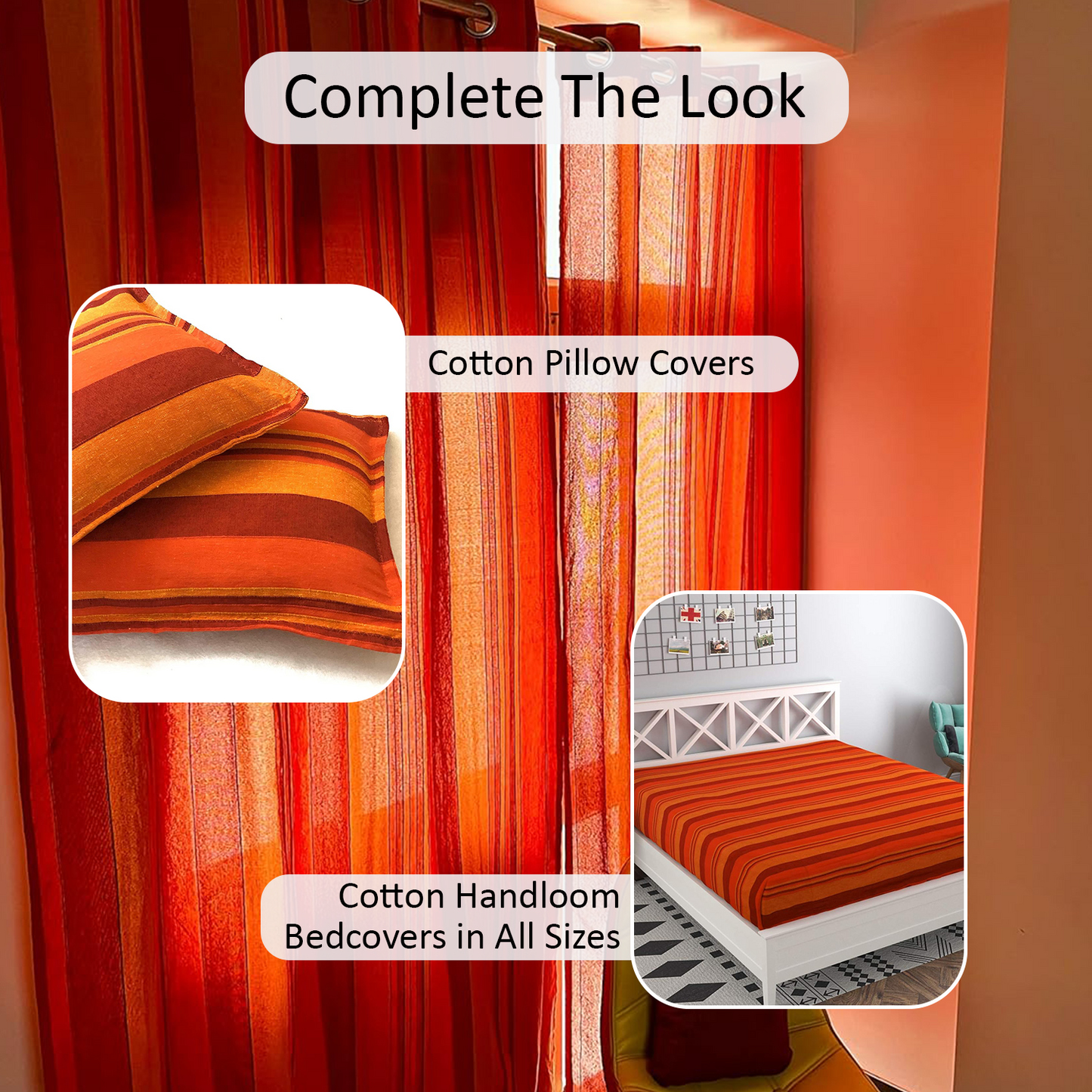 Handloom Cotton Orange Striped Light Filtering Curtains 7 feet (Set of 2)