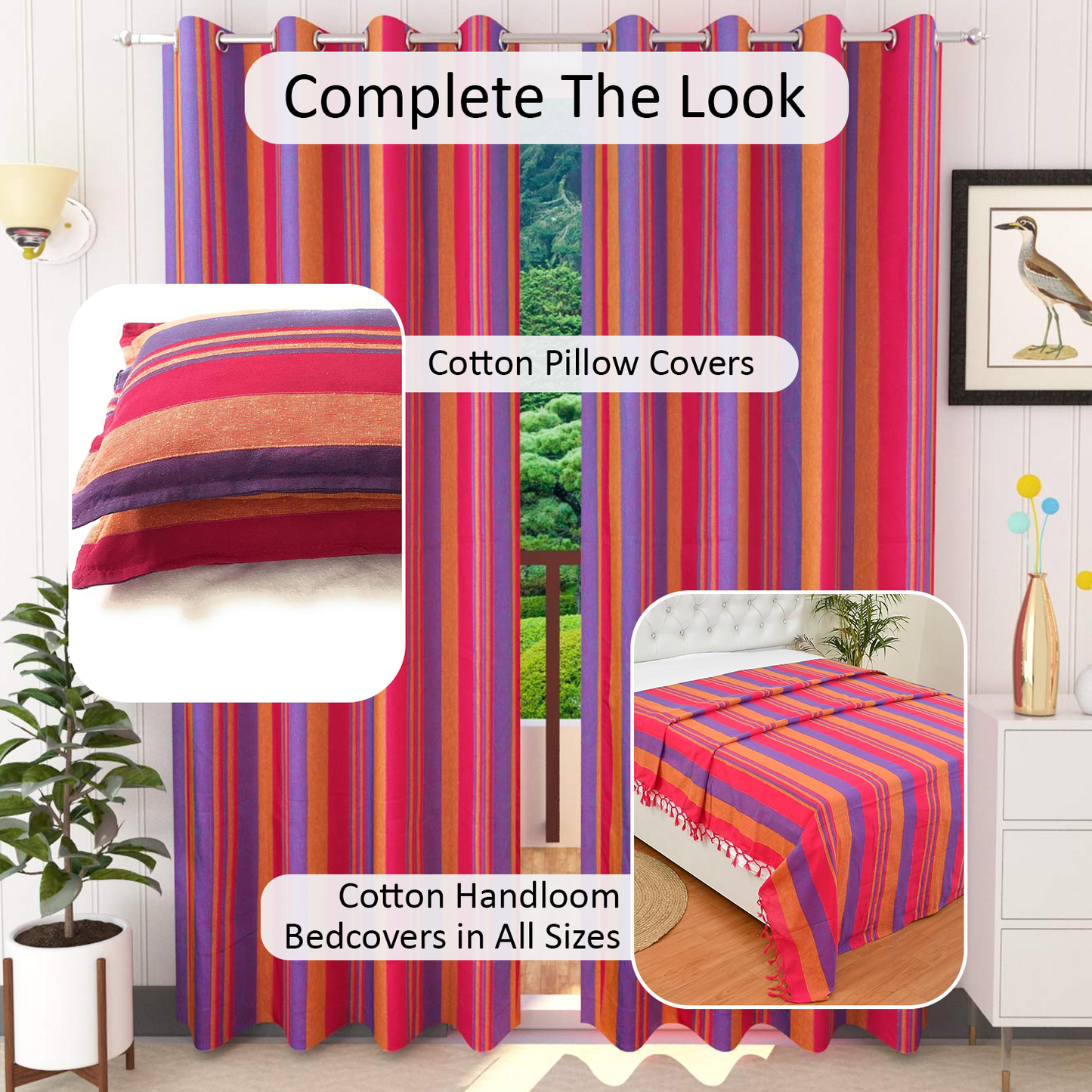 Handloom Cotton Pink Striped Light Filtering Curtains 7 feet (Set of 2)