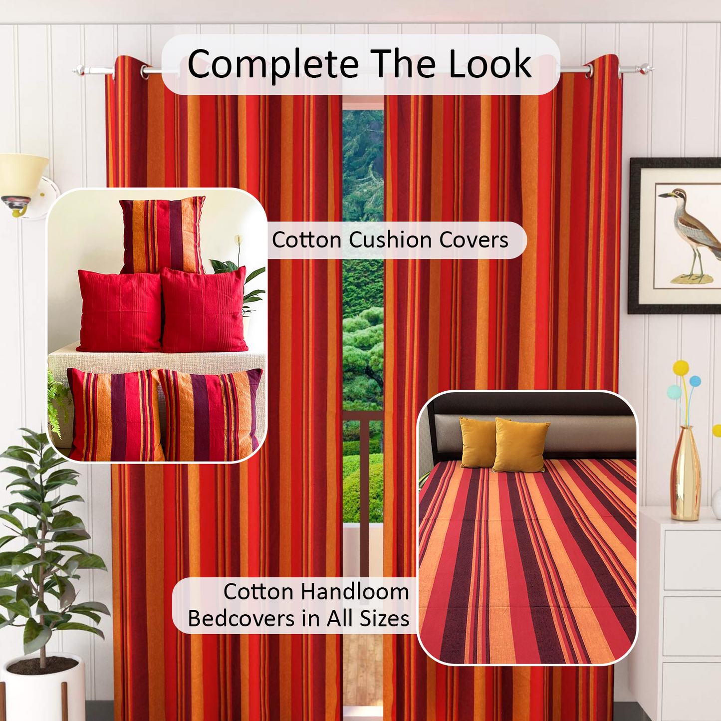 Handloom Cotton Red Striped Light Filtering Curtains 8 feet (Set of 2)