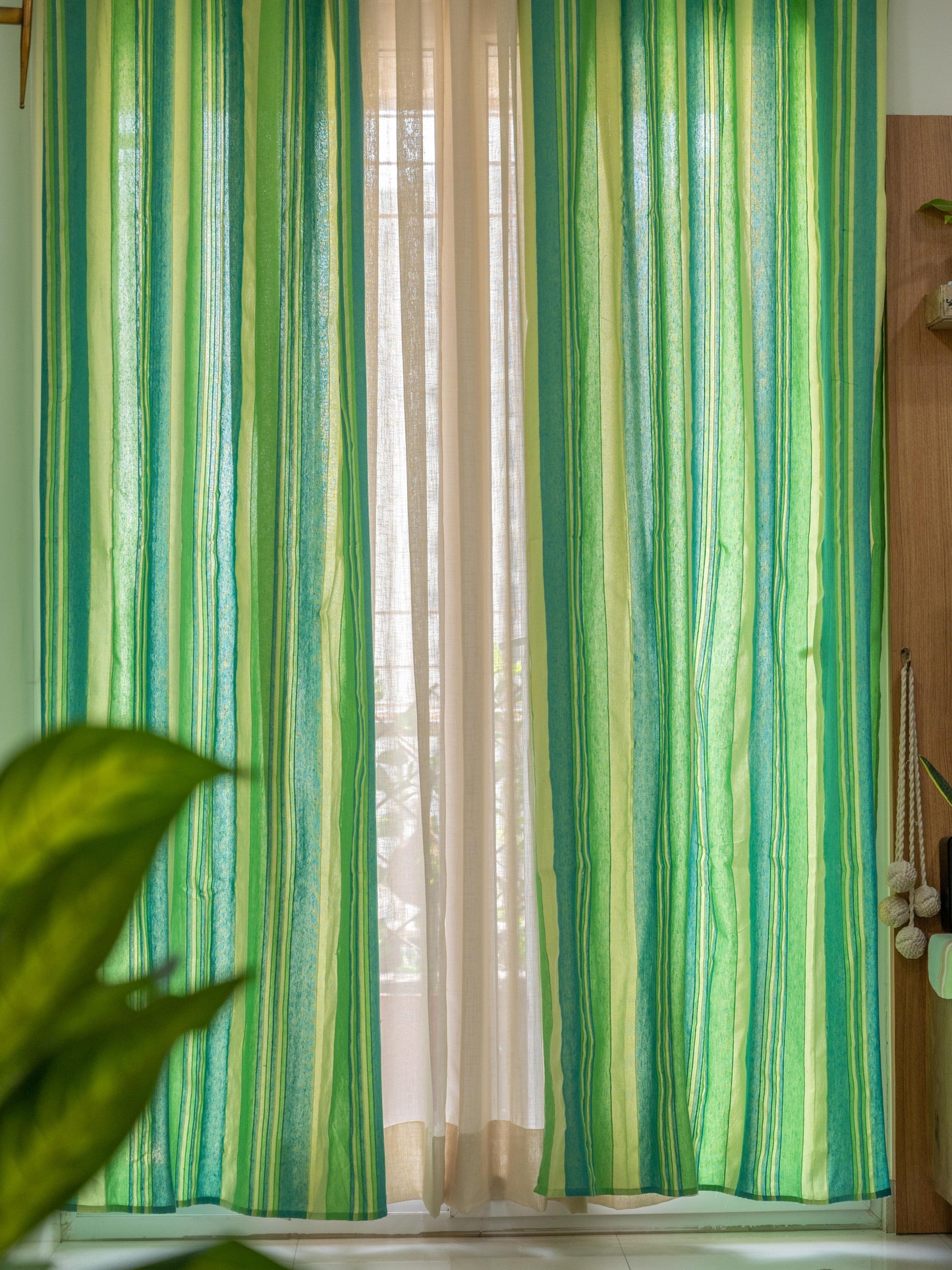 Handloom Cotton Green Striped Light Filtering Curtains 5 feet (Set of 2)