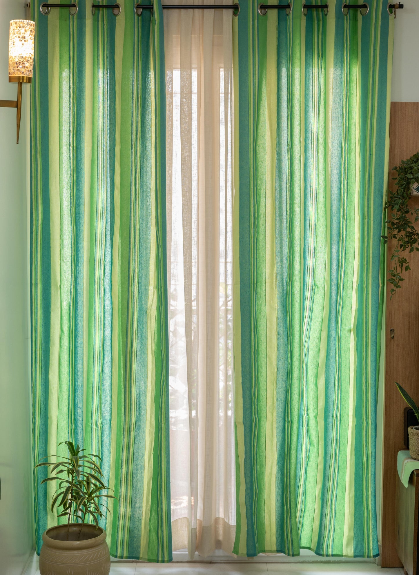 Handloom Cotton Green Striped Light Filtering Curtains 5 feet (Set of 2)