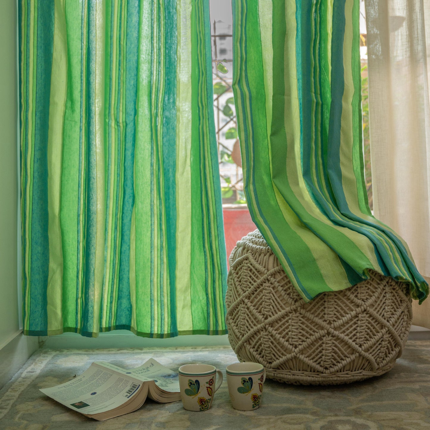 Handloom Cotton Green Striped Light Filtering Curtains 8 feet (Set of 2)