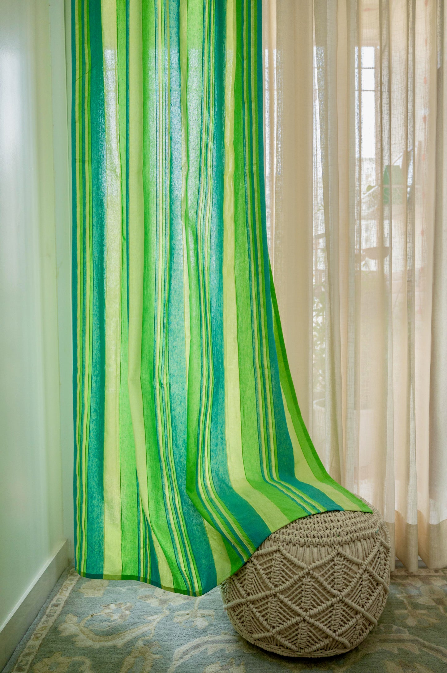Handloom Cotton Green Striped Light Filtering Curtains 5 feet (Set of 2)