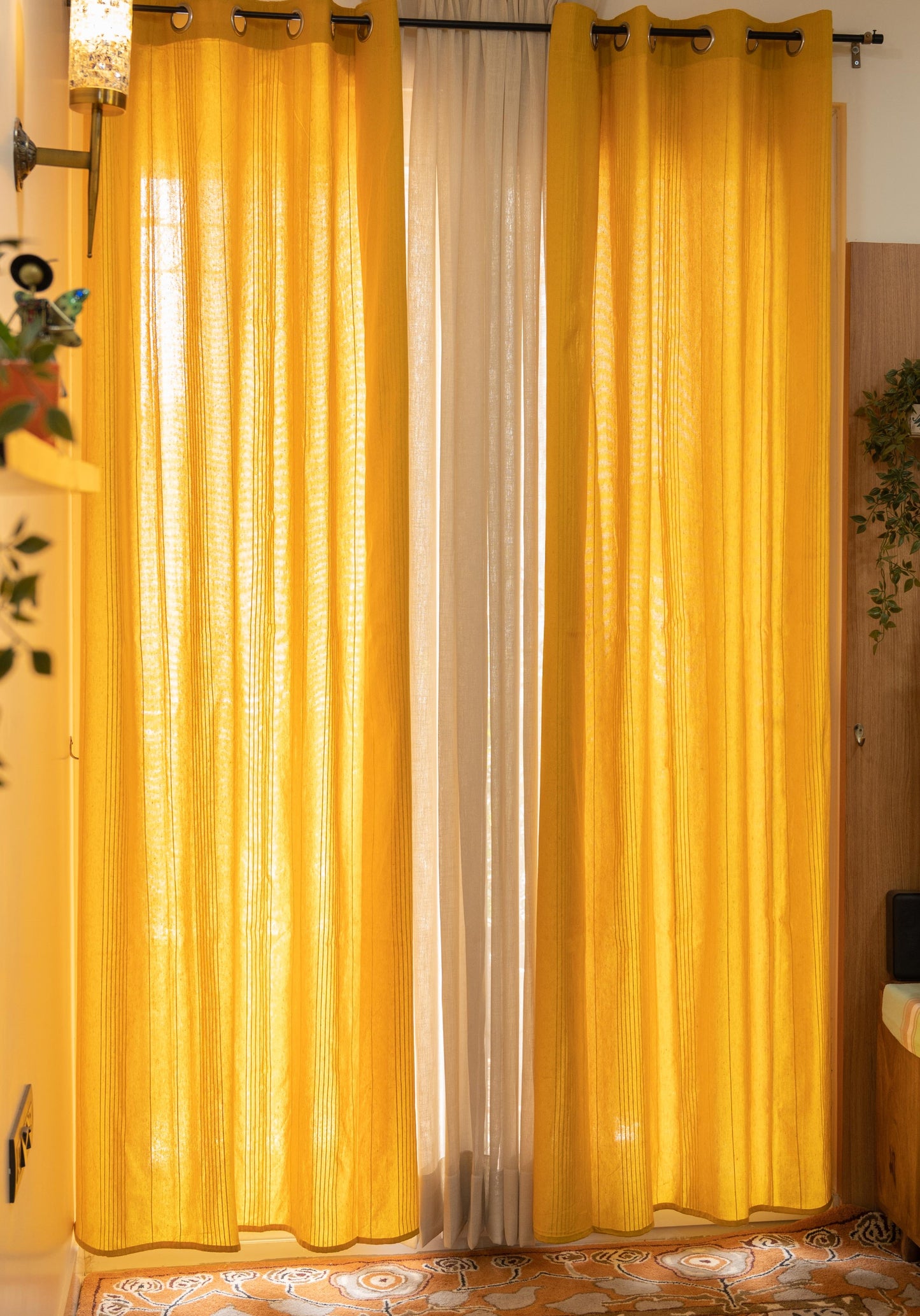 Handloom Cotton Yellow Solid Light Filtering Curtains 9 feet (Set of 2)