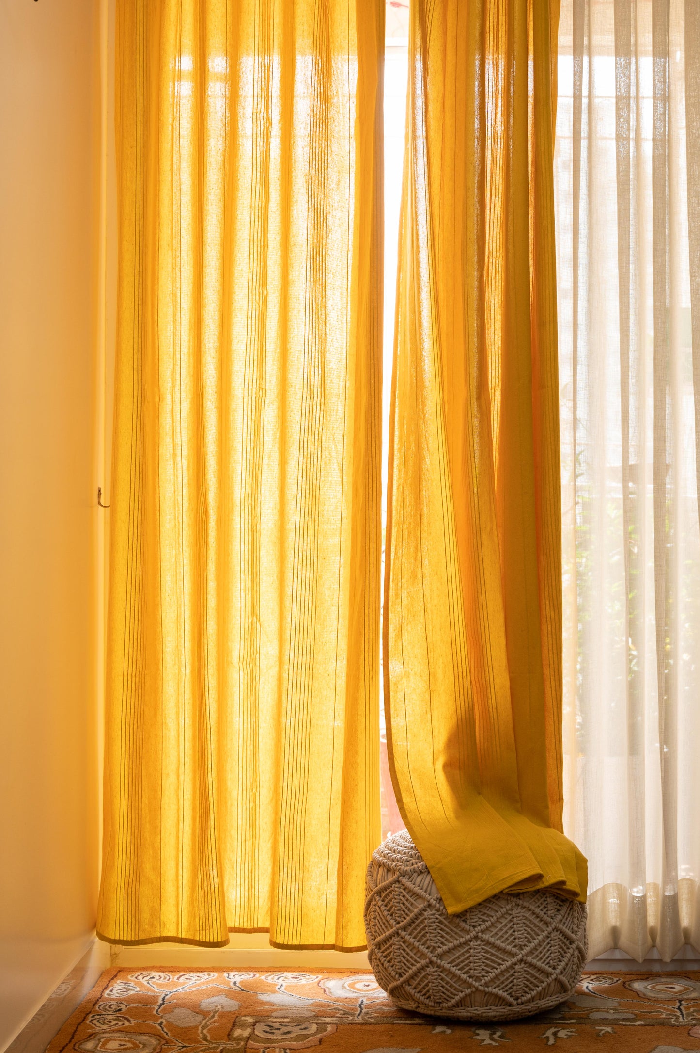Handloom Cotton Yellow Solid Light Filtering Curtains 8 feet (Set of 2)