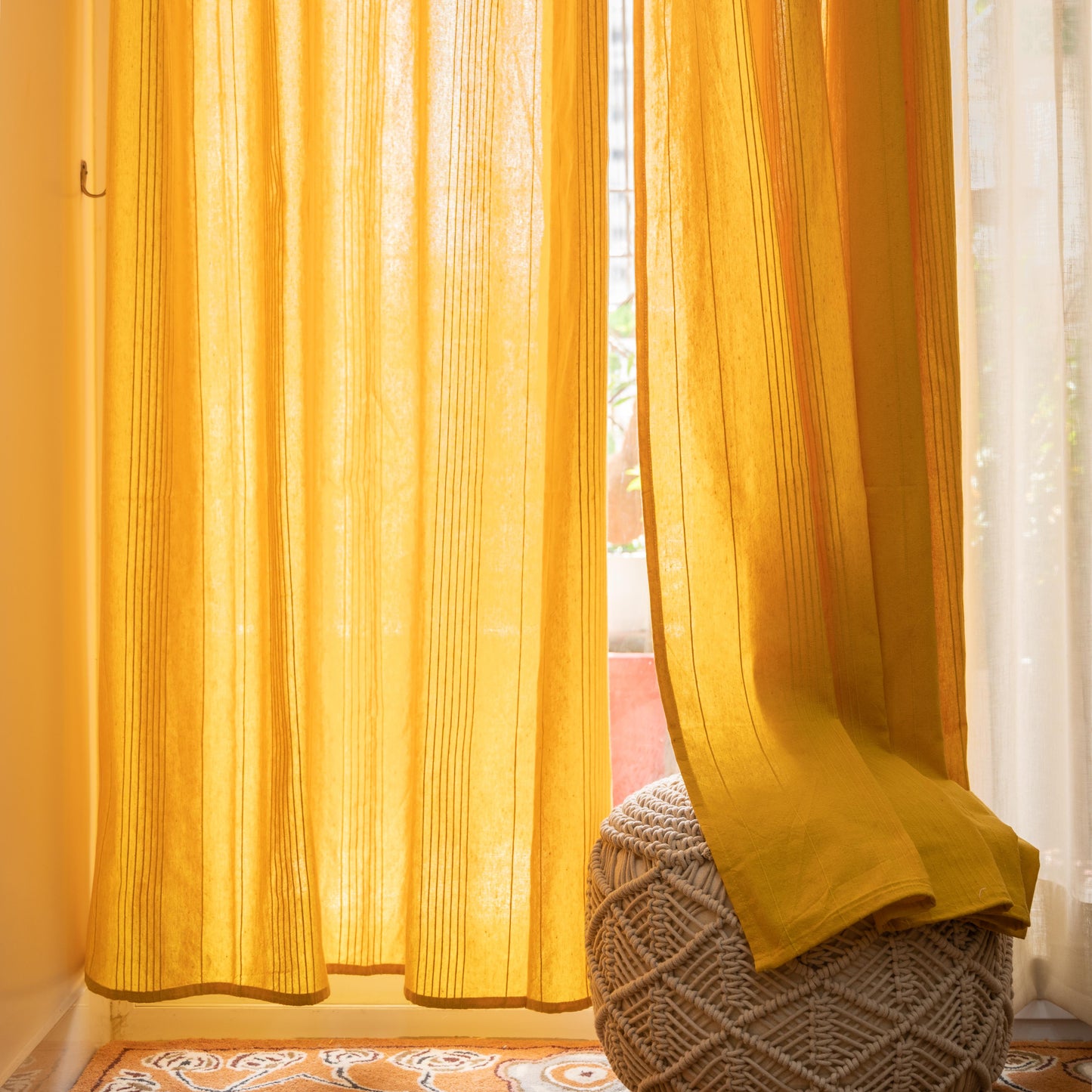 Handloom Cotton Yellow Solid Light Filtering Curtains 9 feet (Set of 2)