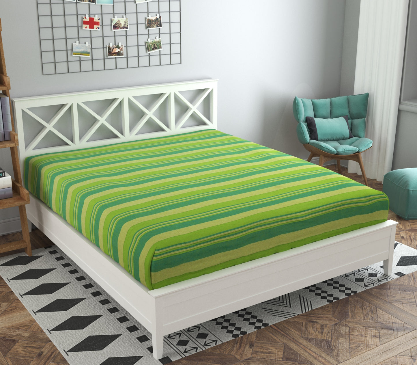 Handloom Cotton Green Striped Double Bedcover without Pillow Covers