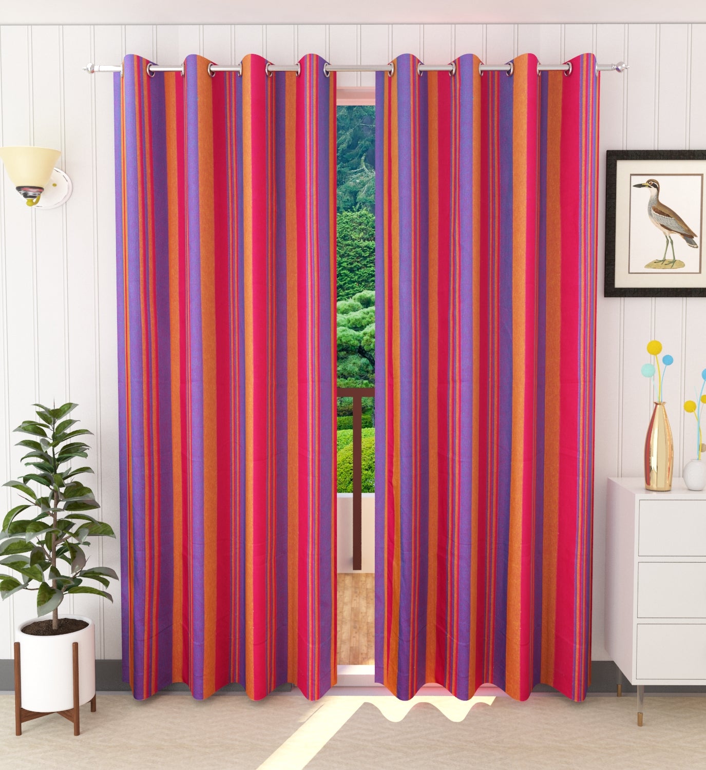 Handloom Cotton Pink Striped Light Filtering Curtains 7 feet (Set of 2)