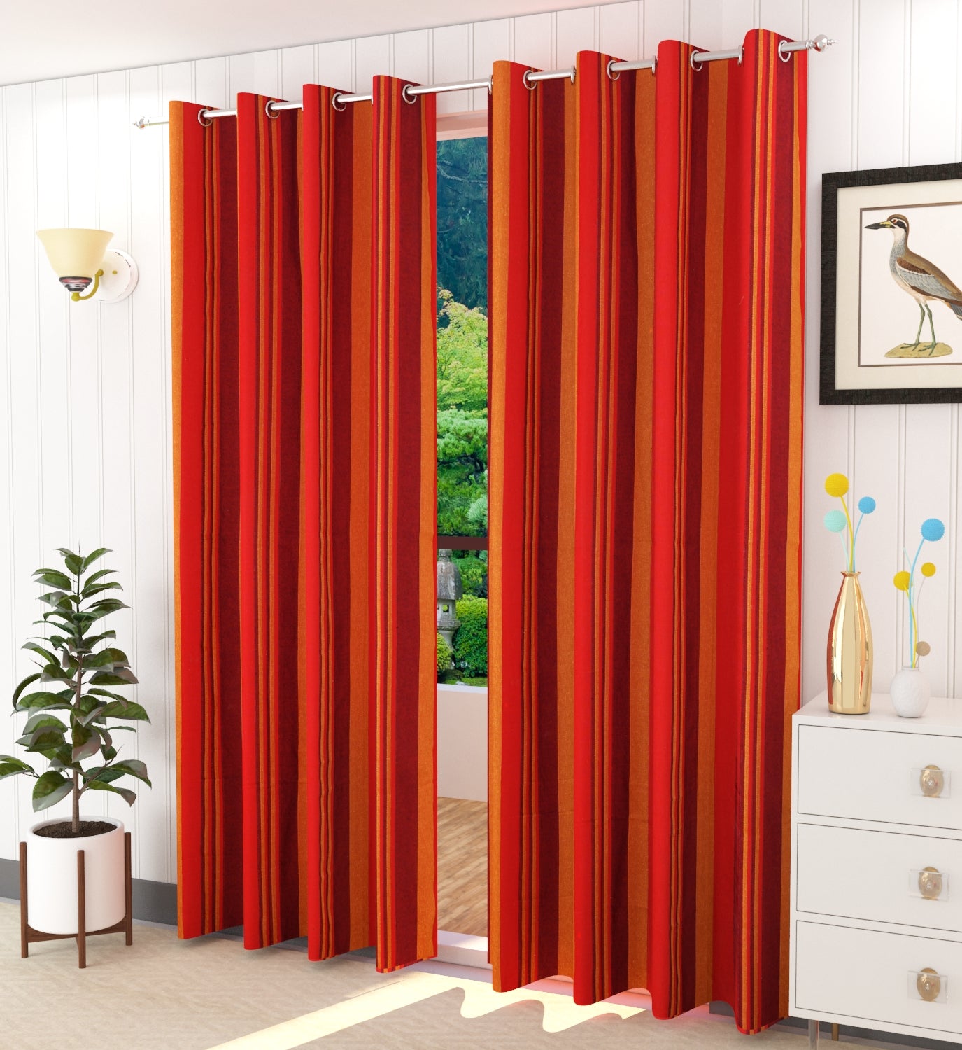 Handloom Cotton Red Striped Light Filtering Curtains 5 feet (Set of 2)