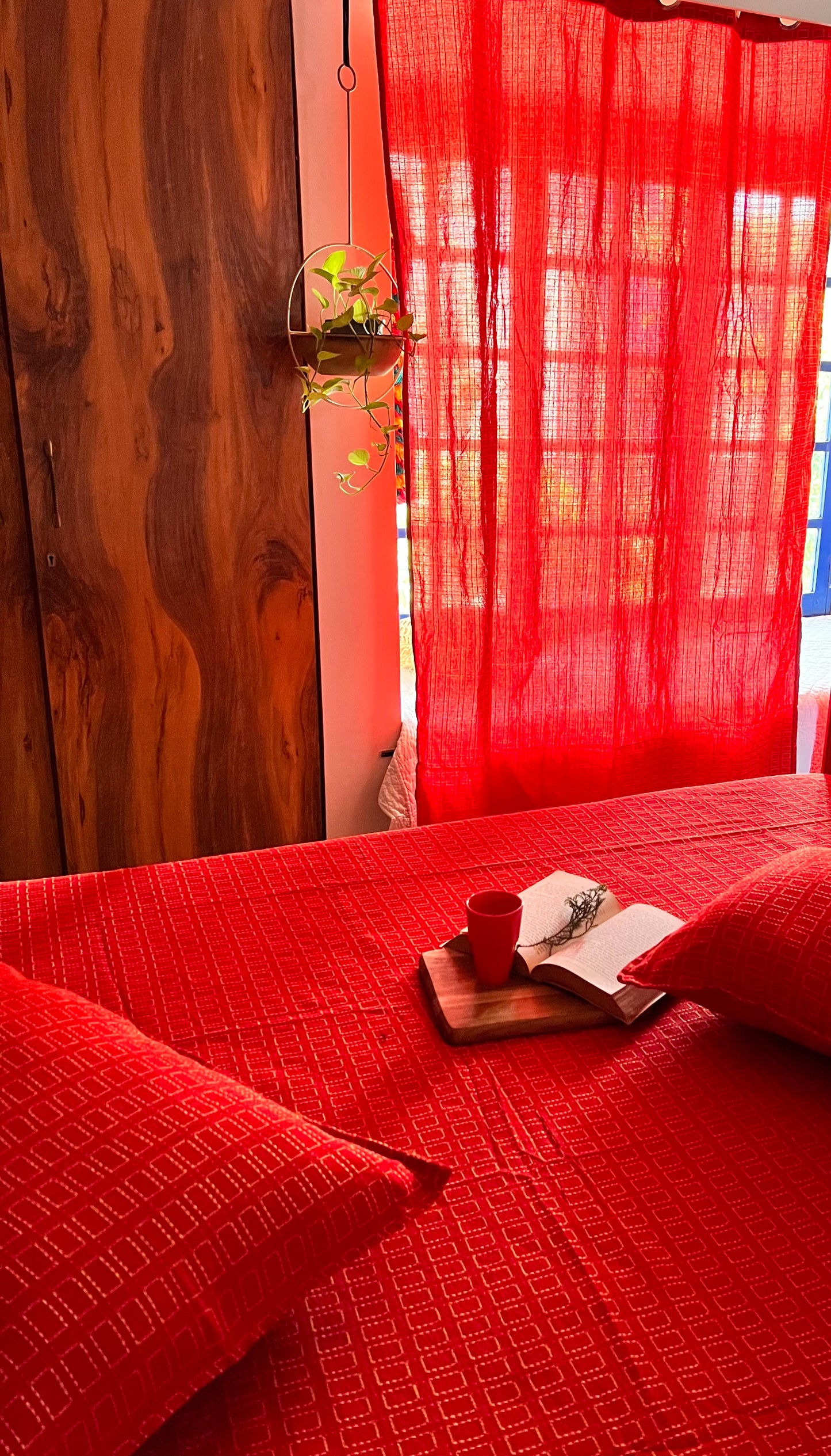 Handloom Cotton Red Box Light Filtering Curtains 8 feet (Set of 2)