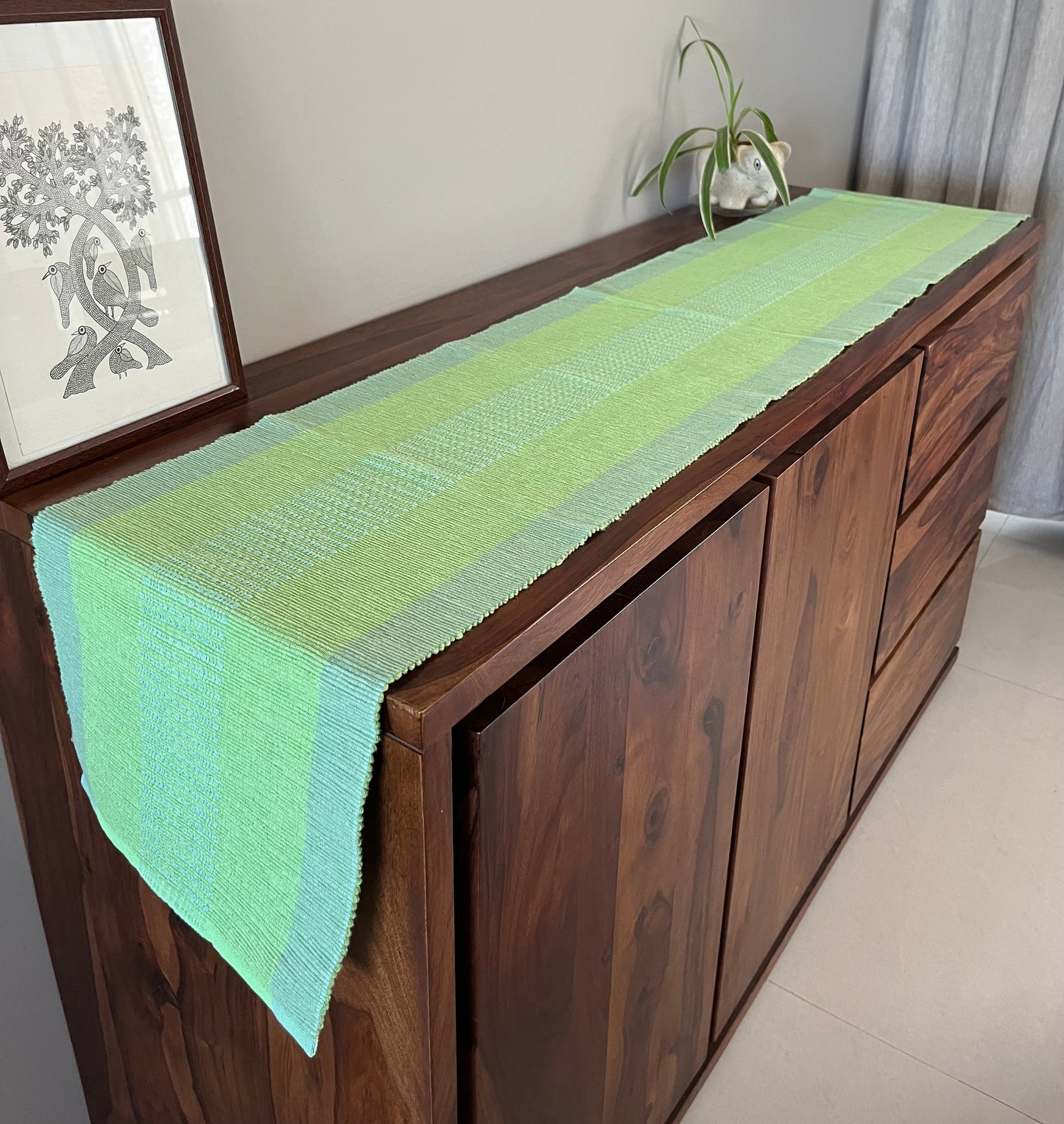 Cotton Pastel Green Ikat Table Runner Large