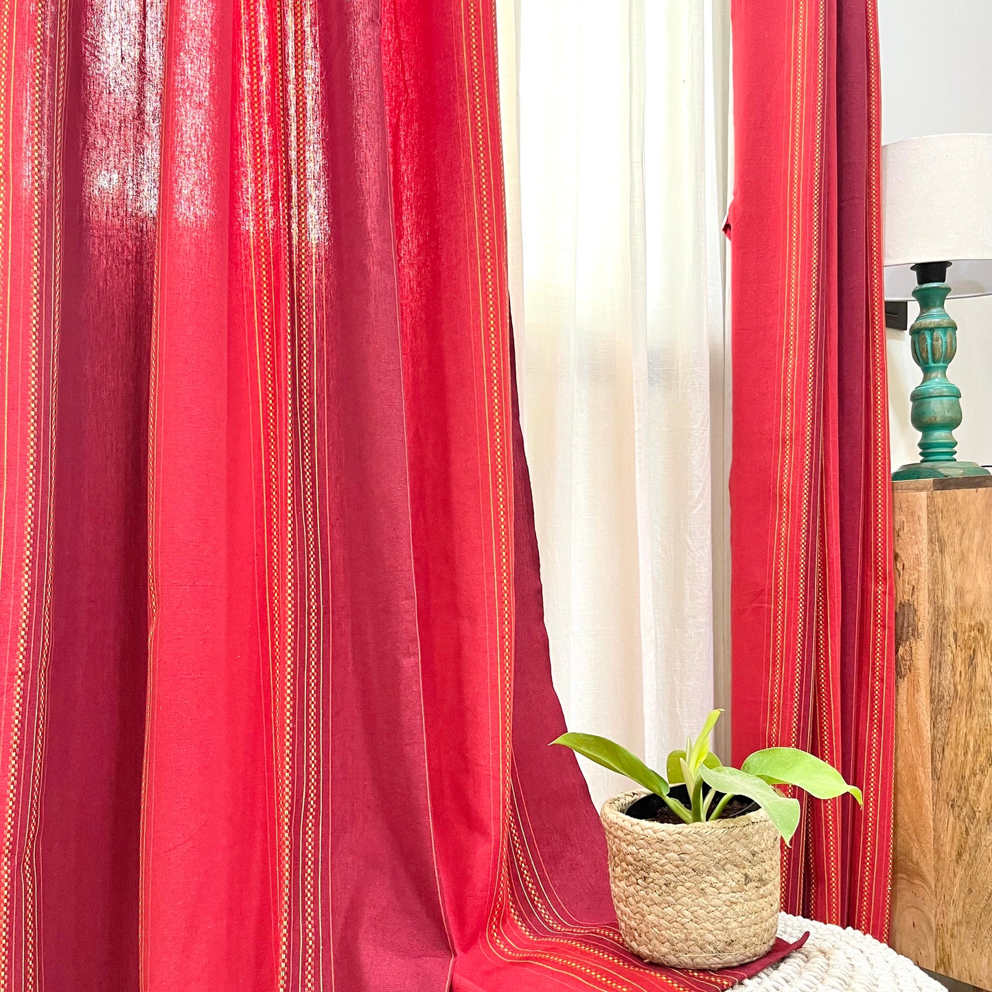 Handloom Cotton Red Striped Darkened Glow Curtains 7 feet (Set of 2)