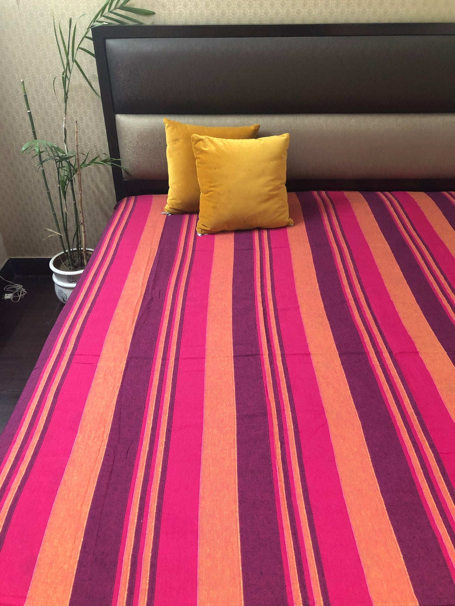 Handloom Cotton Purple Striped Double Bedcover without Pillow Covers