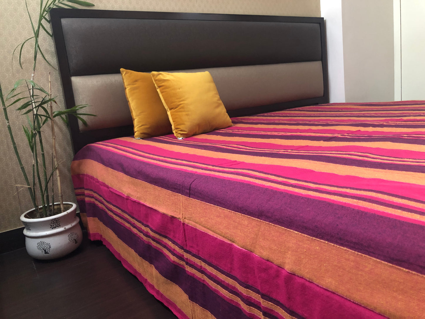 Handloom Cotton Purple Striped Double Bedcover without Pillow Covers