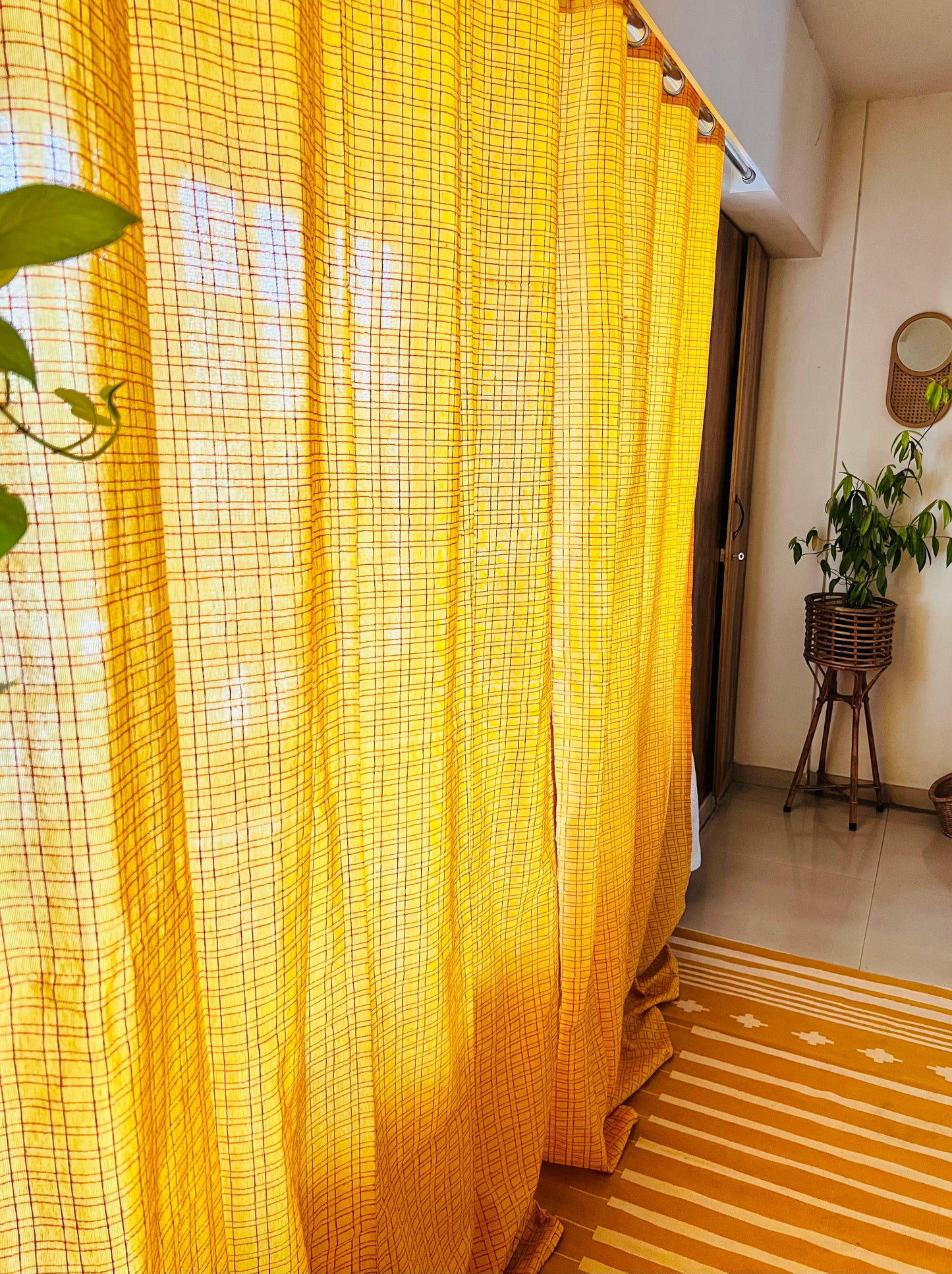 Handloom Cotton Yellow Box Light Filtering Curtains 5 feet (Set of 2)
