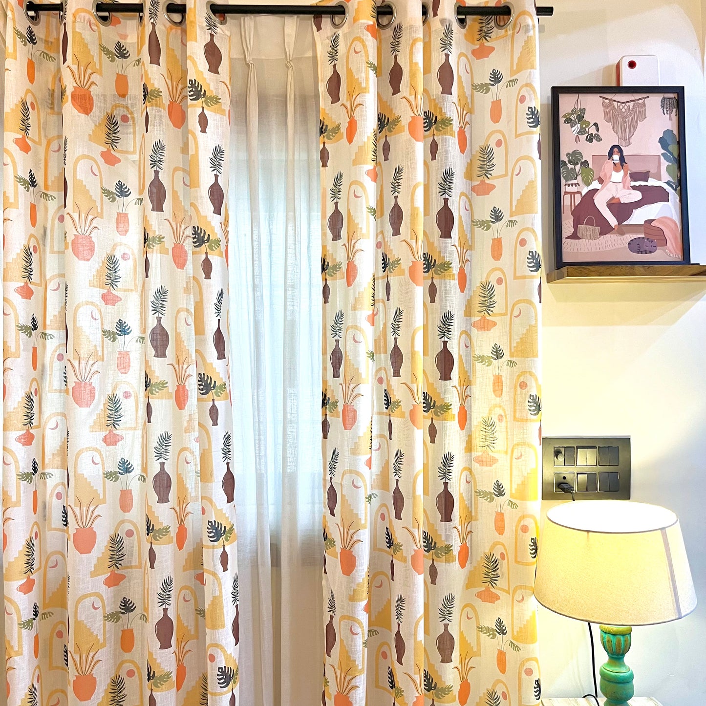 Handloom Cotton Orange Vase Sheer Curtains 7 feet (Set of 2)