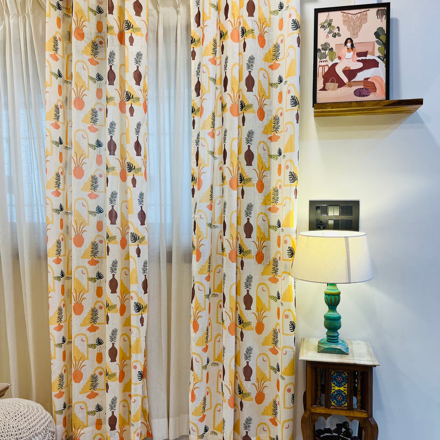 Handloom Cotton Orange Vase Sheer Curtains 7 feet (Set of 2)