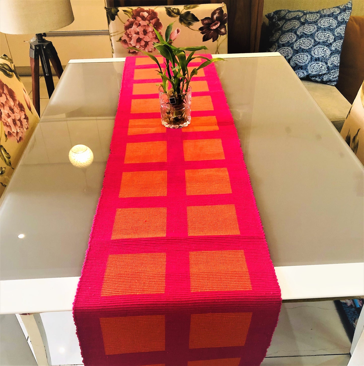 Rangbhar Handloom Ribbed Cotton Table Runner for Living/Dining Room/Home Decor, Anti Skid, Reversible, Machine Washable, 12 X 72 inches, Striped, Pink Orange Box