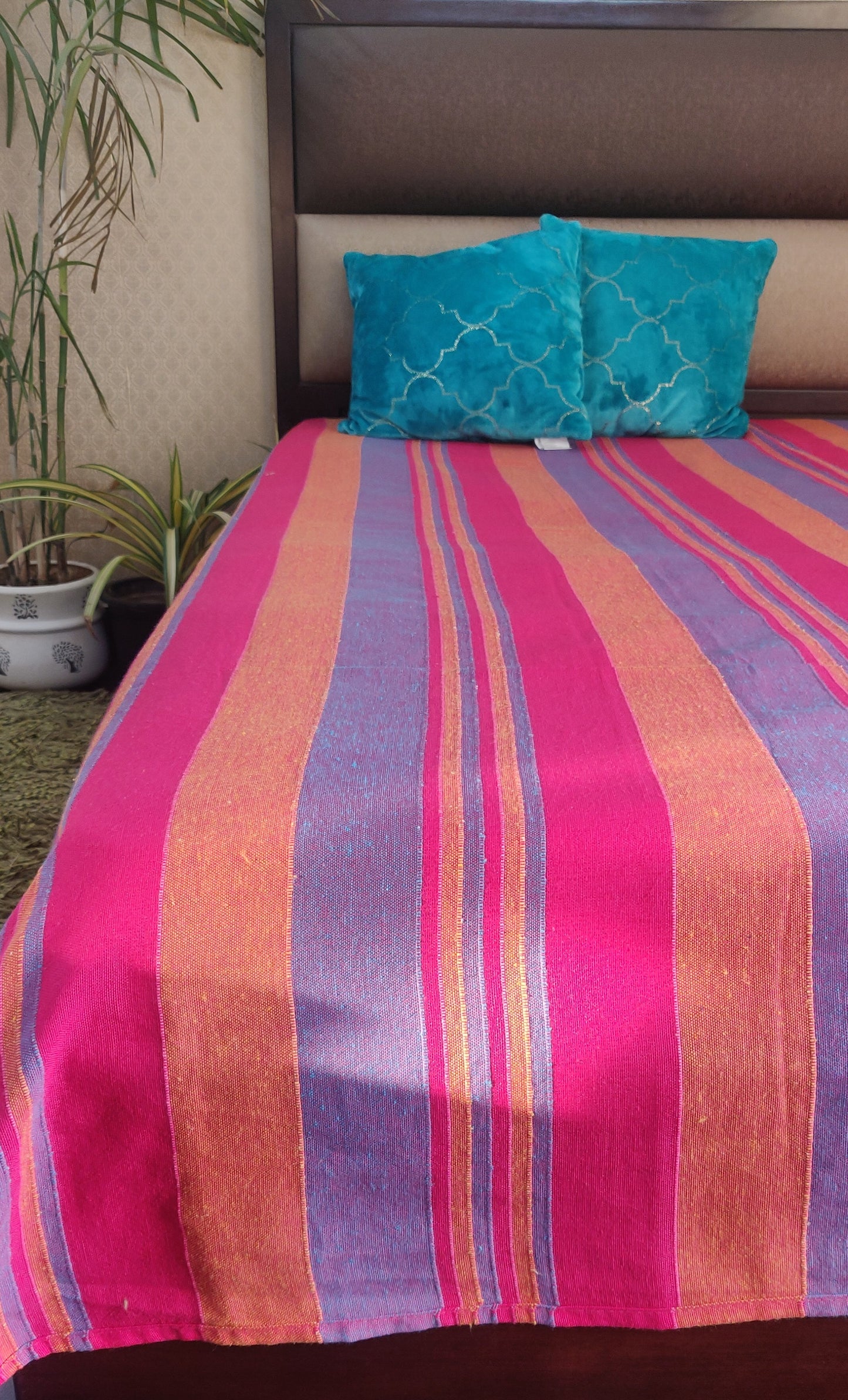 Handloom Cotton Pink Striped Single Bedcover without Pillow Covers