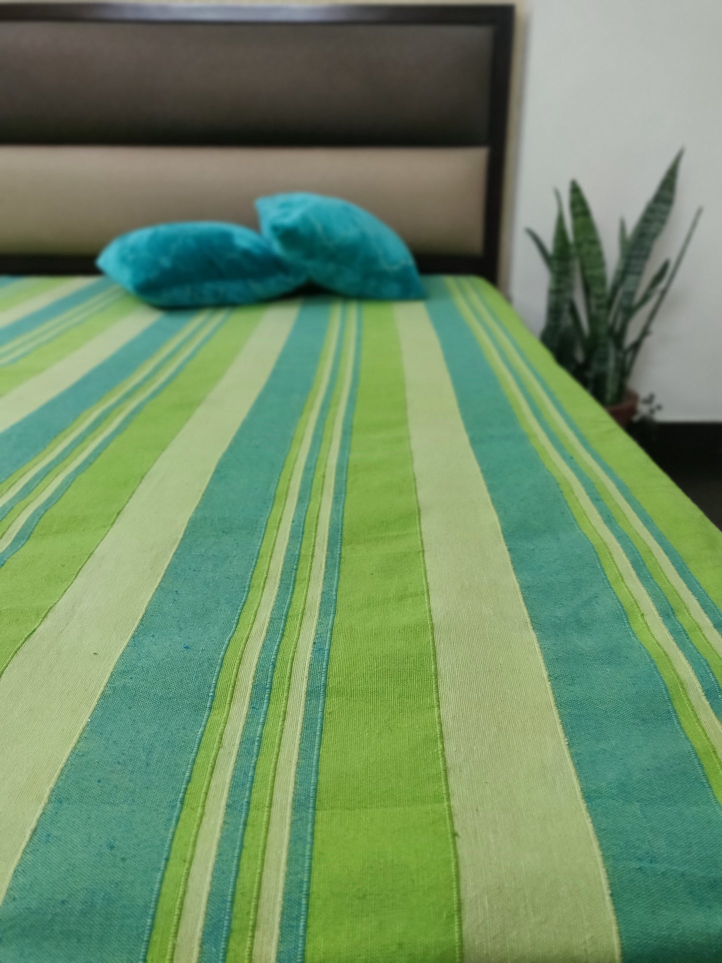 Handloom Cotton Green Striped Single Bedcover without Pillow Covers