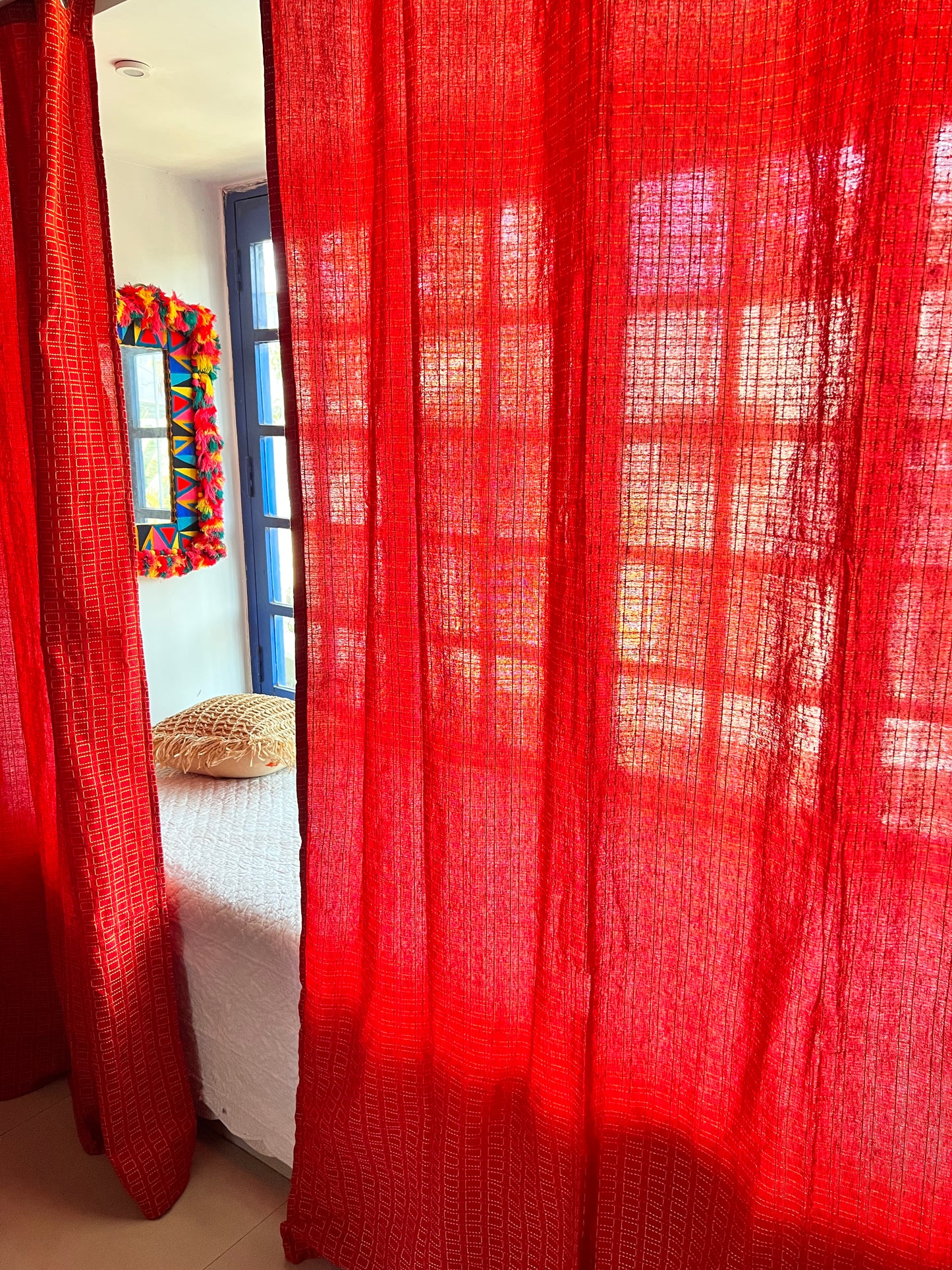 Handloom Cotton Red Box Light Filtering Curtains 7 feet (Set of 2)