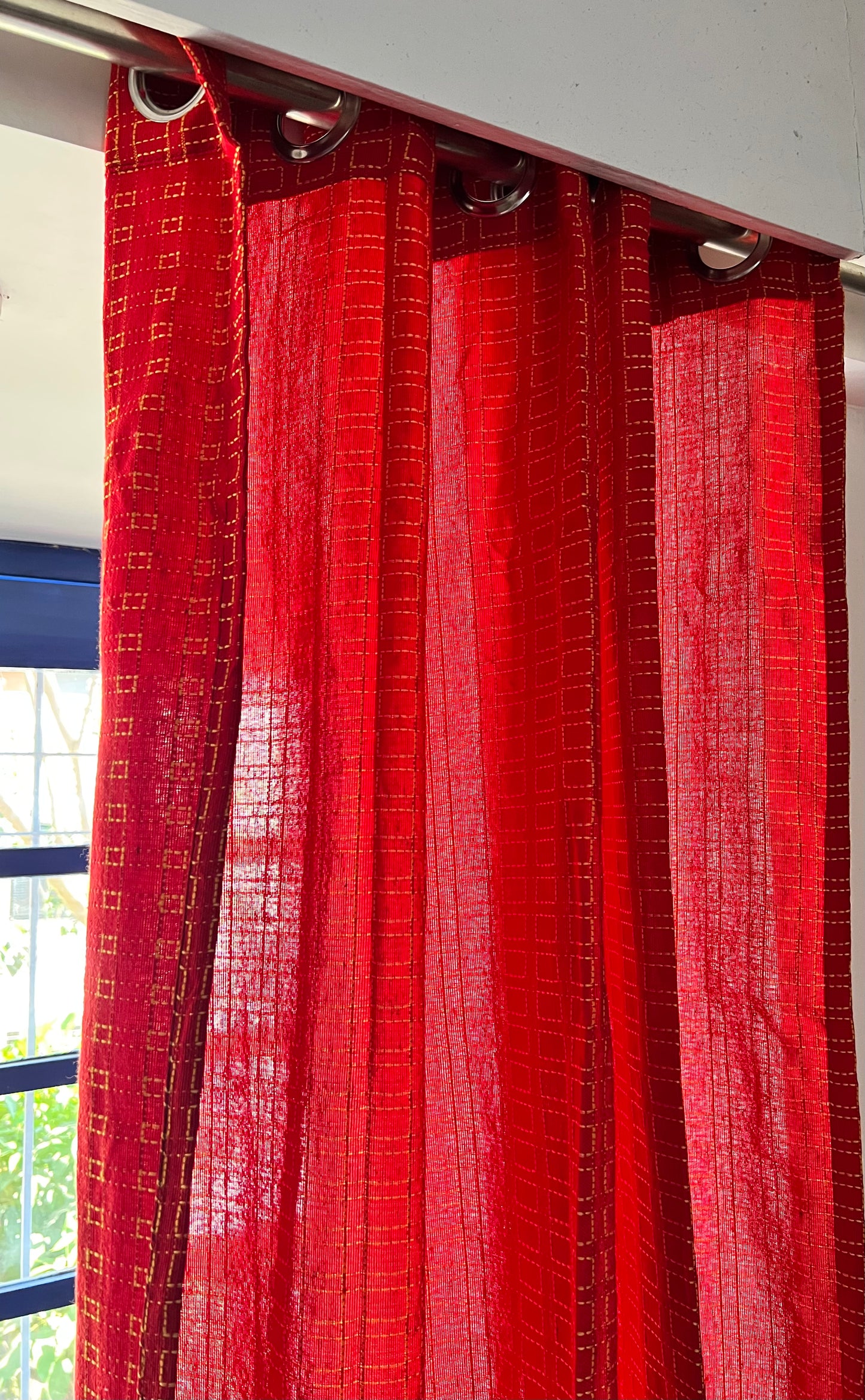 Handloom Cotton Red Box Light Filtering Curtains 7 feet (Set of 2)