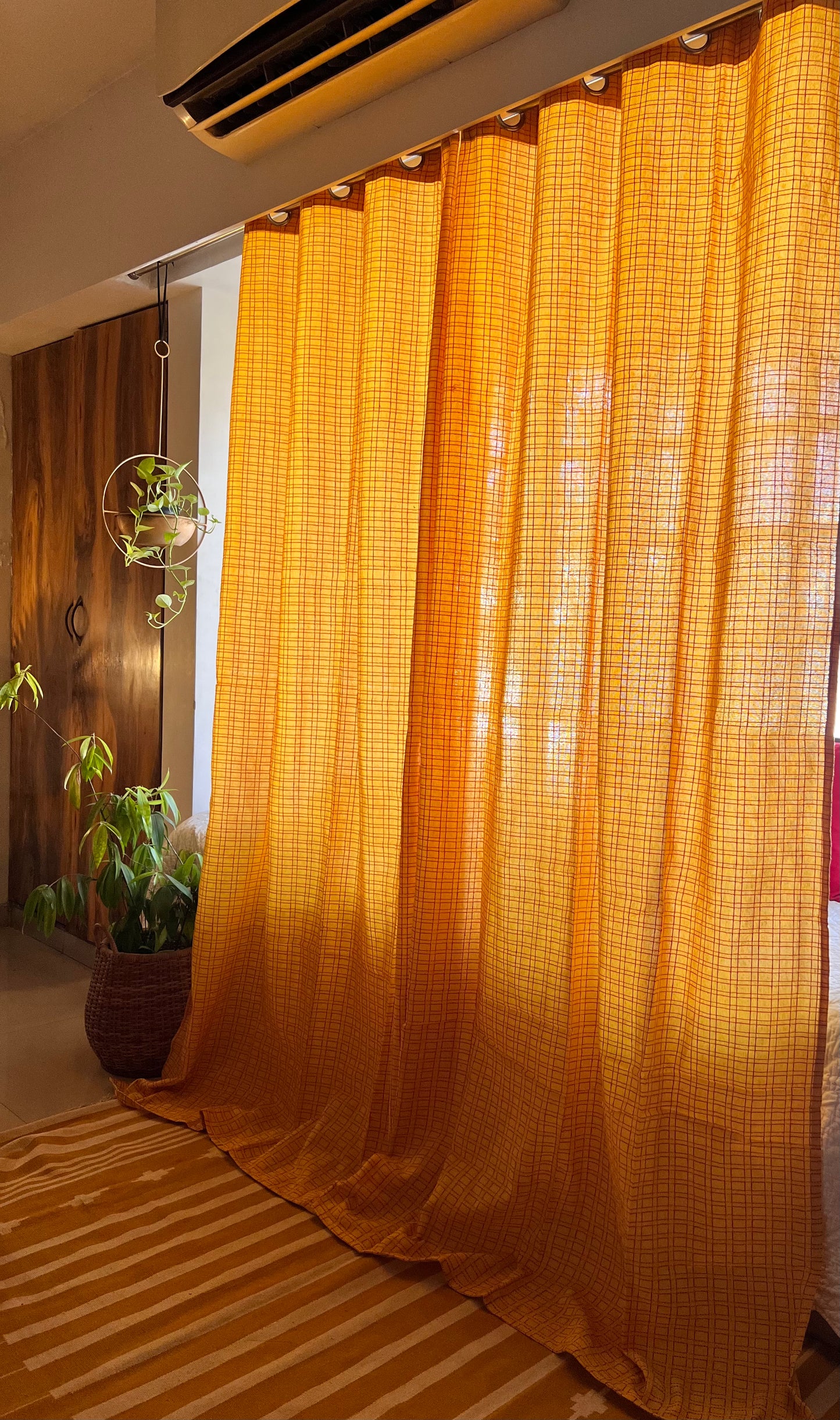 Handloom Cotton Yellow Box Light Filtering Curtains 8 feet (Set of 2)