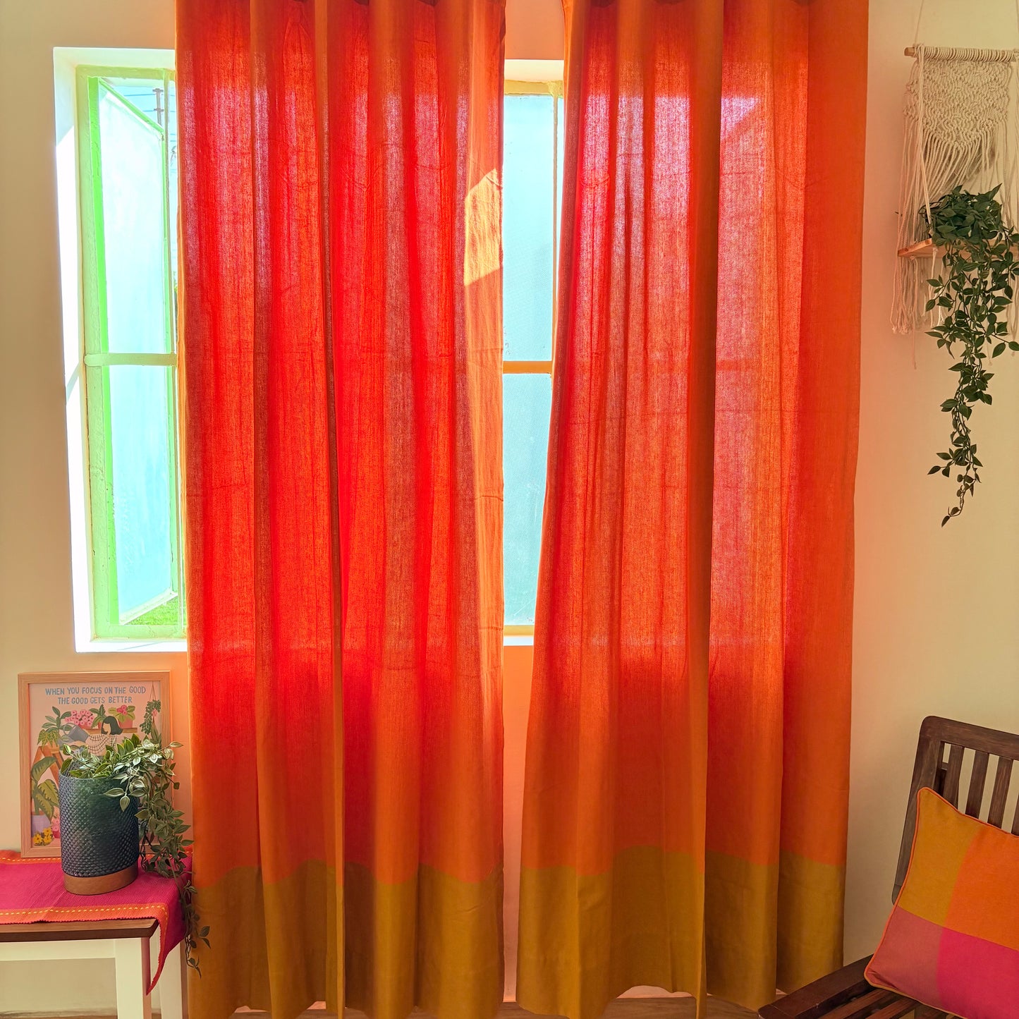 Handloom Orange Premium Cotton Curtains 7 feet (Set of 2)