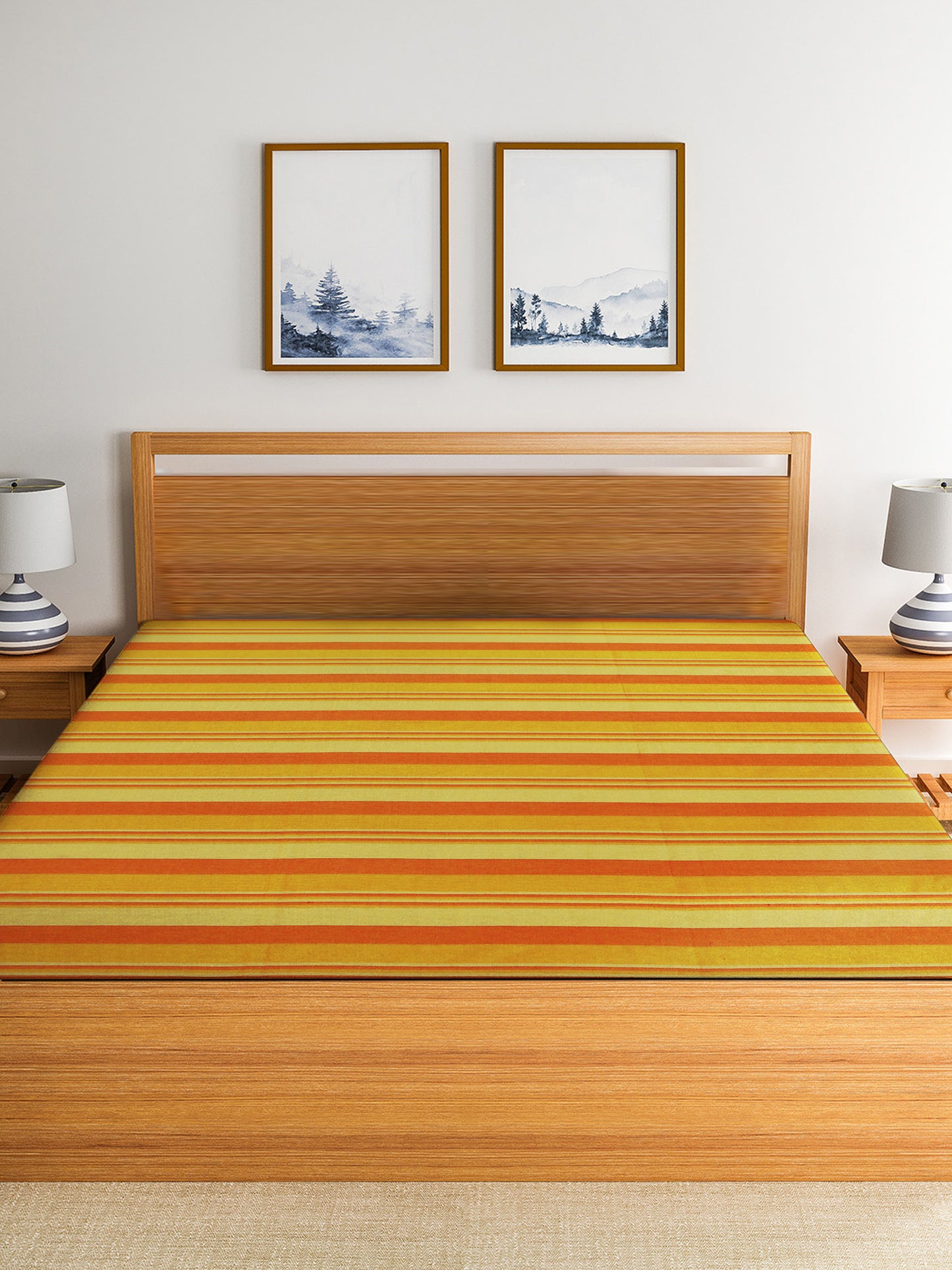 Handloom Cotton Yellow Striped Double Bedcover without Pillow Covers