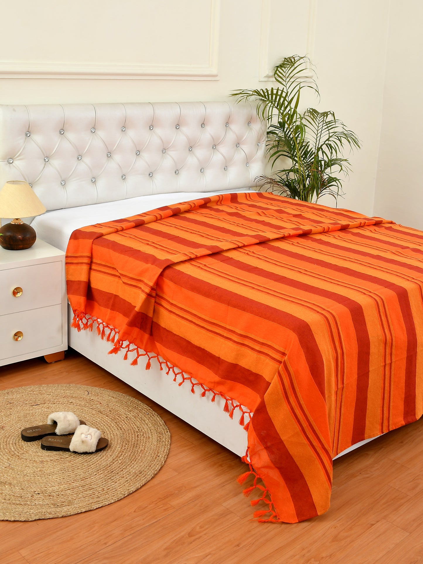 Handloom Cotton Orange Striped King Bedcover without Pillow Covers