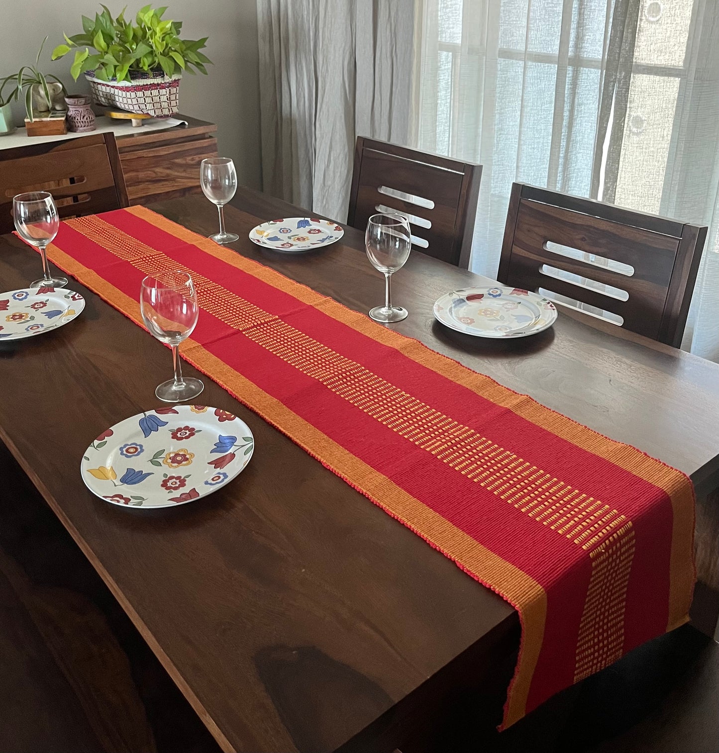 Cotton Red Yellow Ikat Table Runner Large