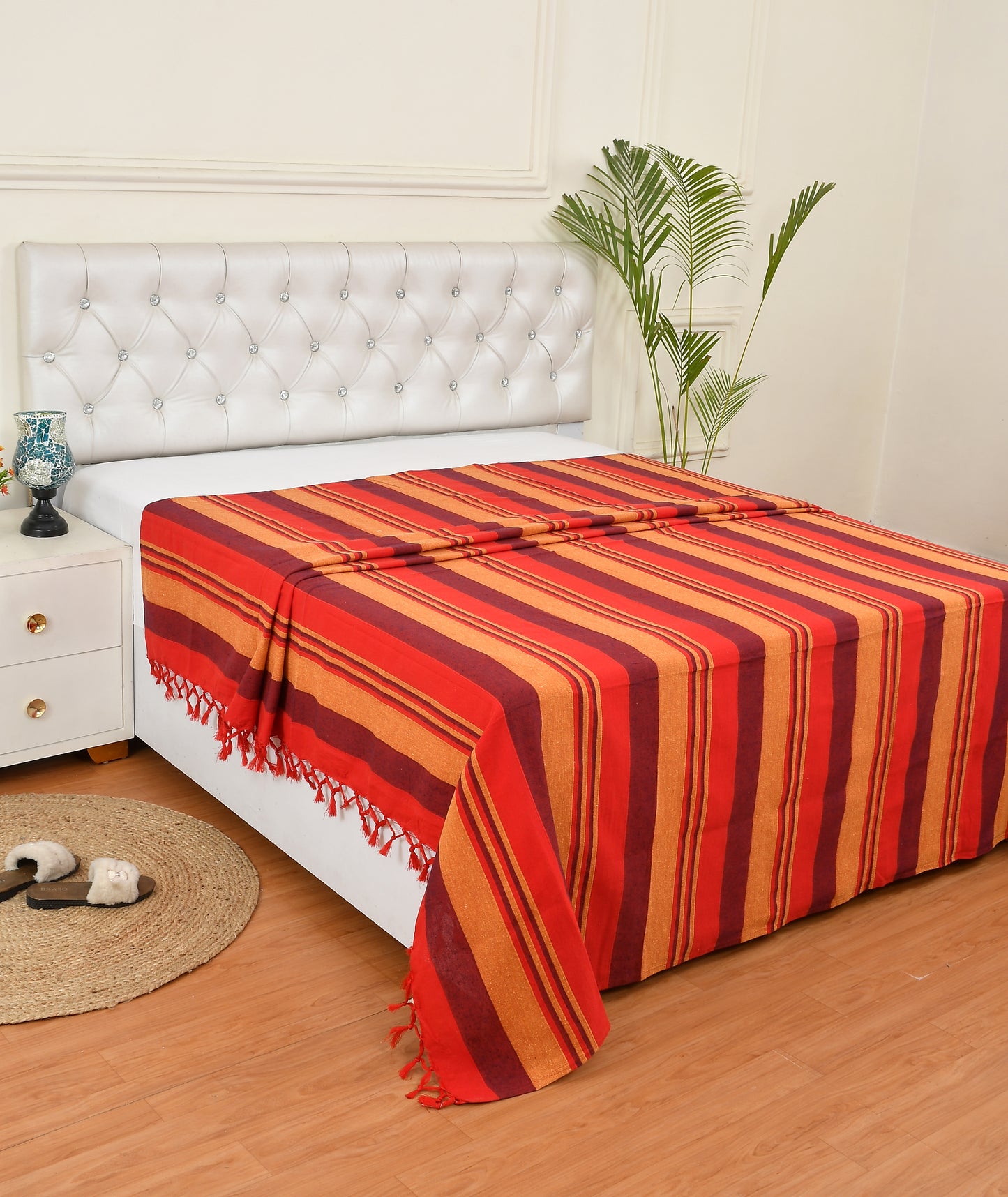 Handloom Cotton Red Striped King Bedcover without Pillow Covers