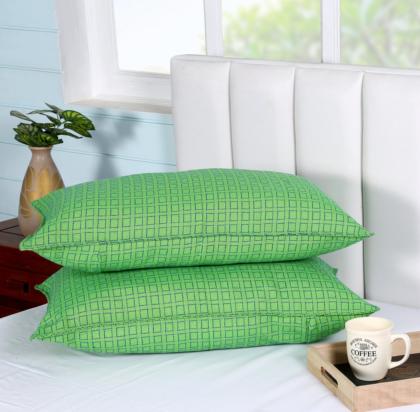 Handloom Cotton Green Box Pillow Covers (Set of 2)