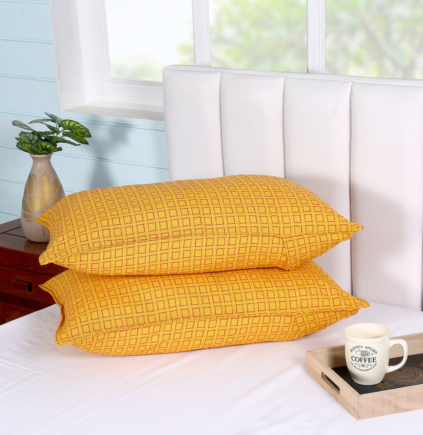 Handloom Cotton Yellow Box Pillow Covers (Set of 2)