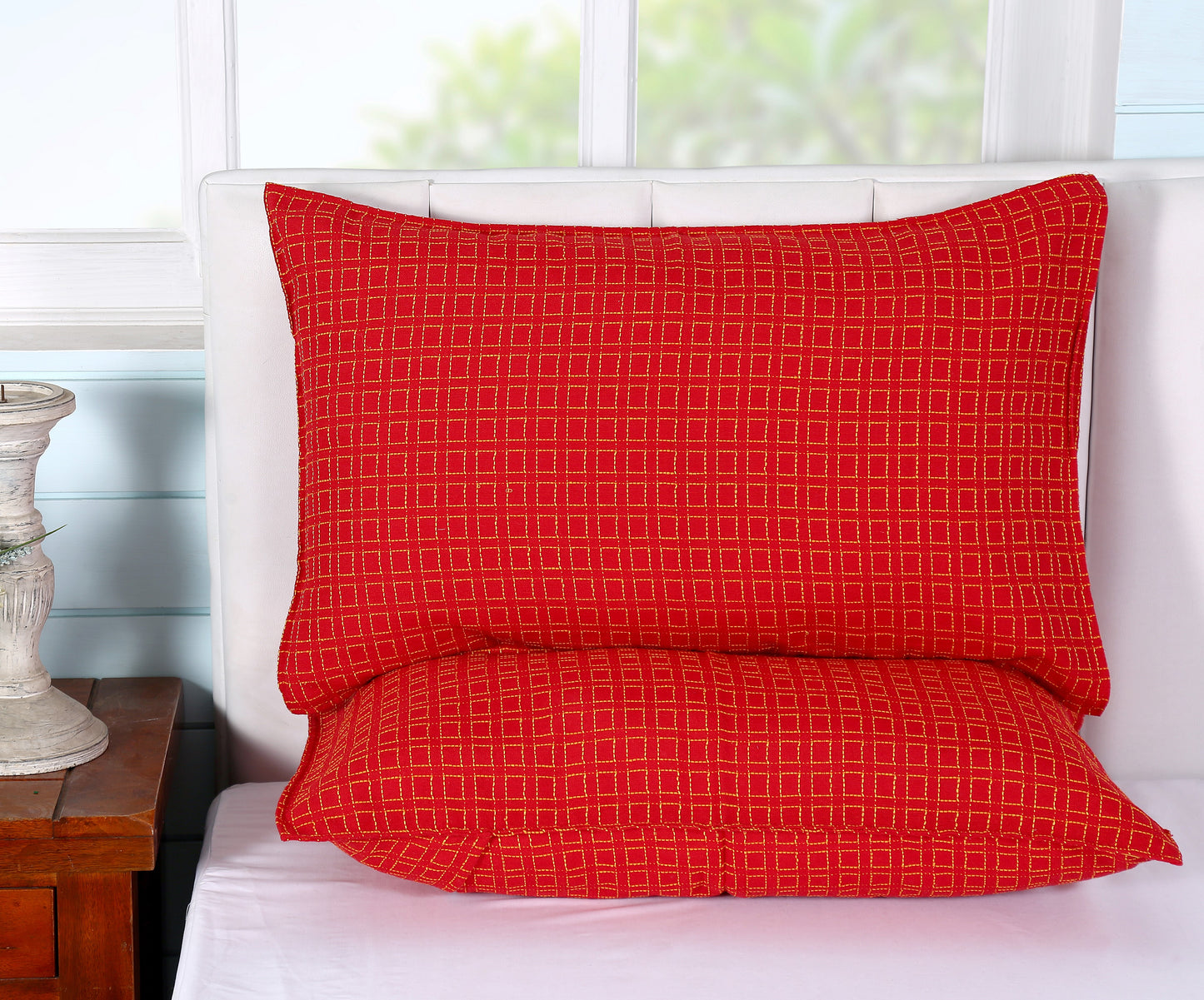 Handloom Cotton Red Box Pillow Covers (Set of 2)