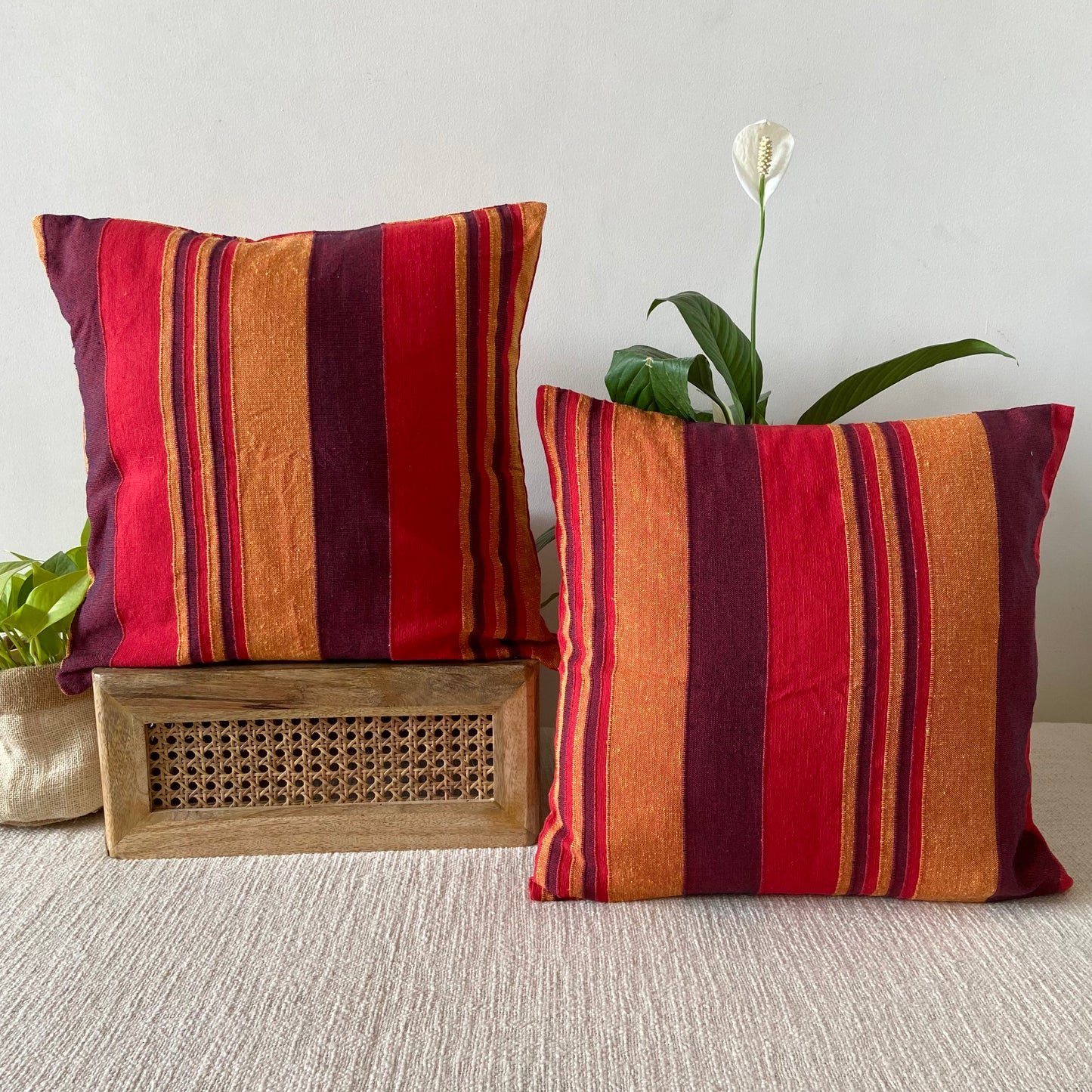 Handloom Red Cotton Cushion Covers (Pack of 2)