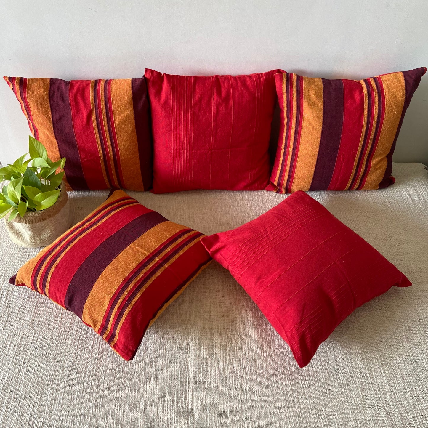 Handloom Red Cotton Cushion Covers (Pack of 5)