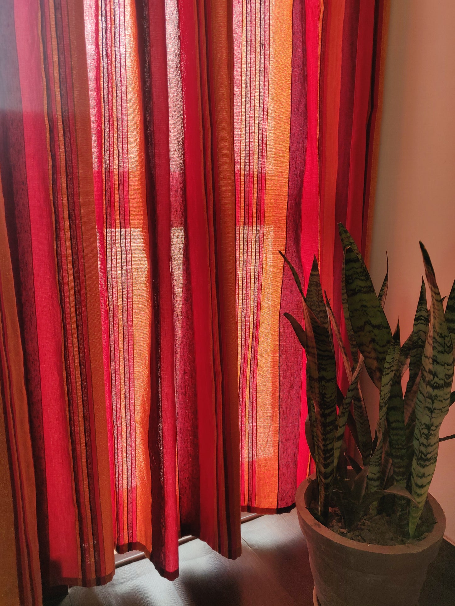 Handloom Cotton Red Striped Light Filtering Curtains 8 feet (Set of 2)
