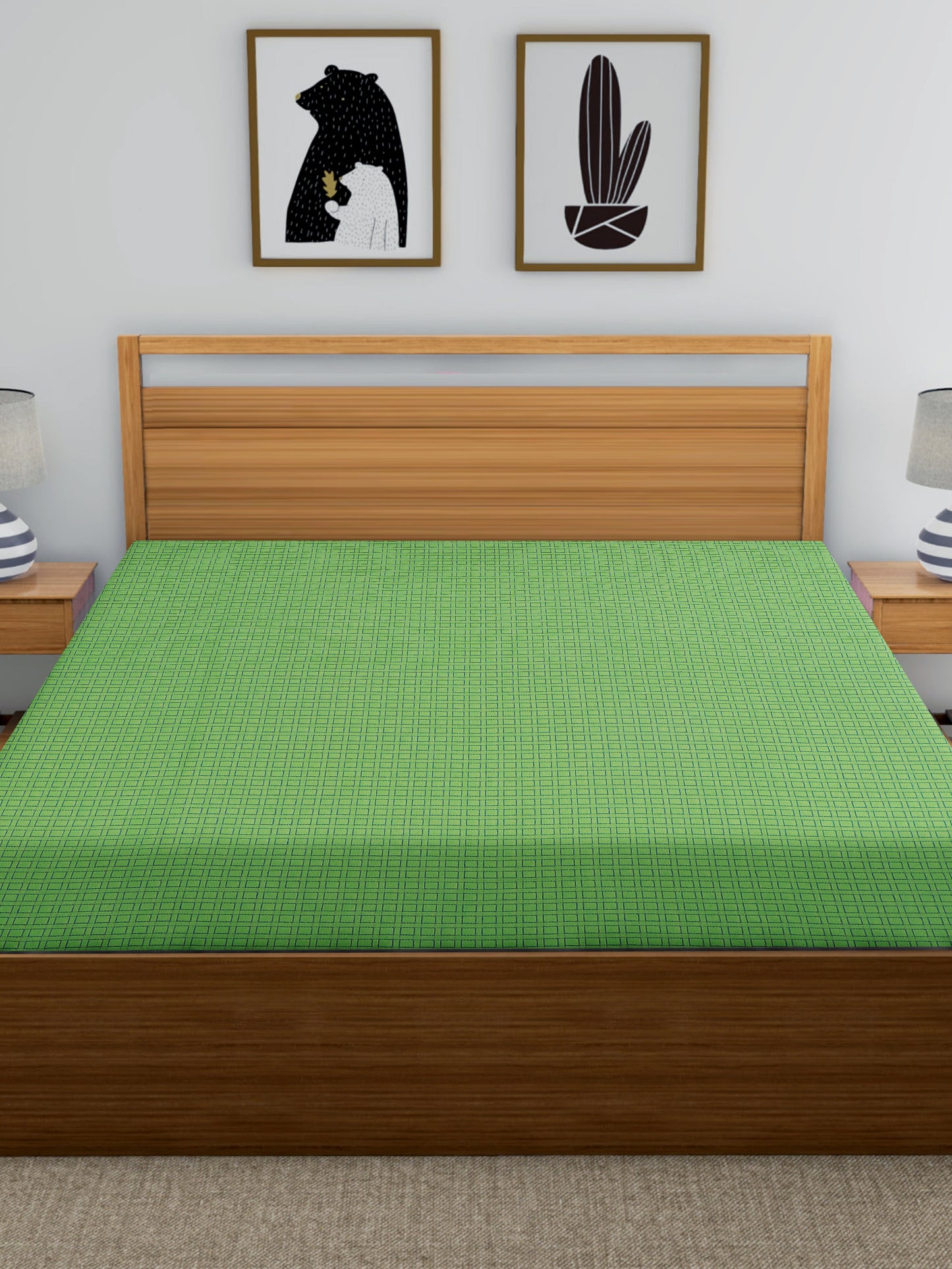 Handloom Cotton Green Box Double Bedcover without Pillow Covers