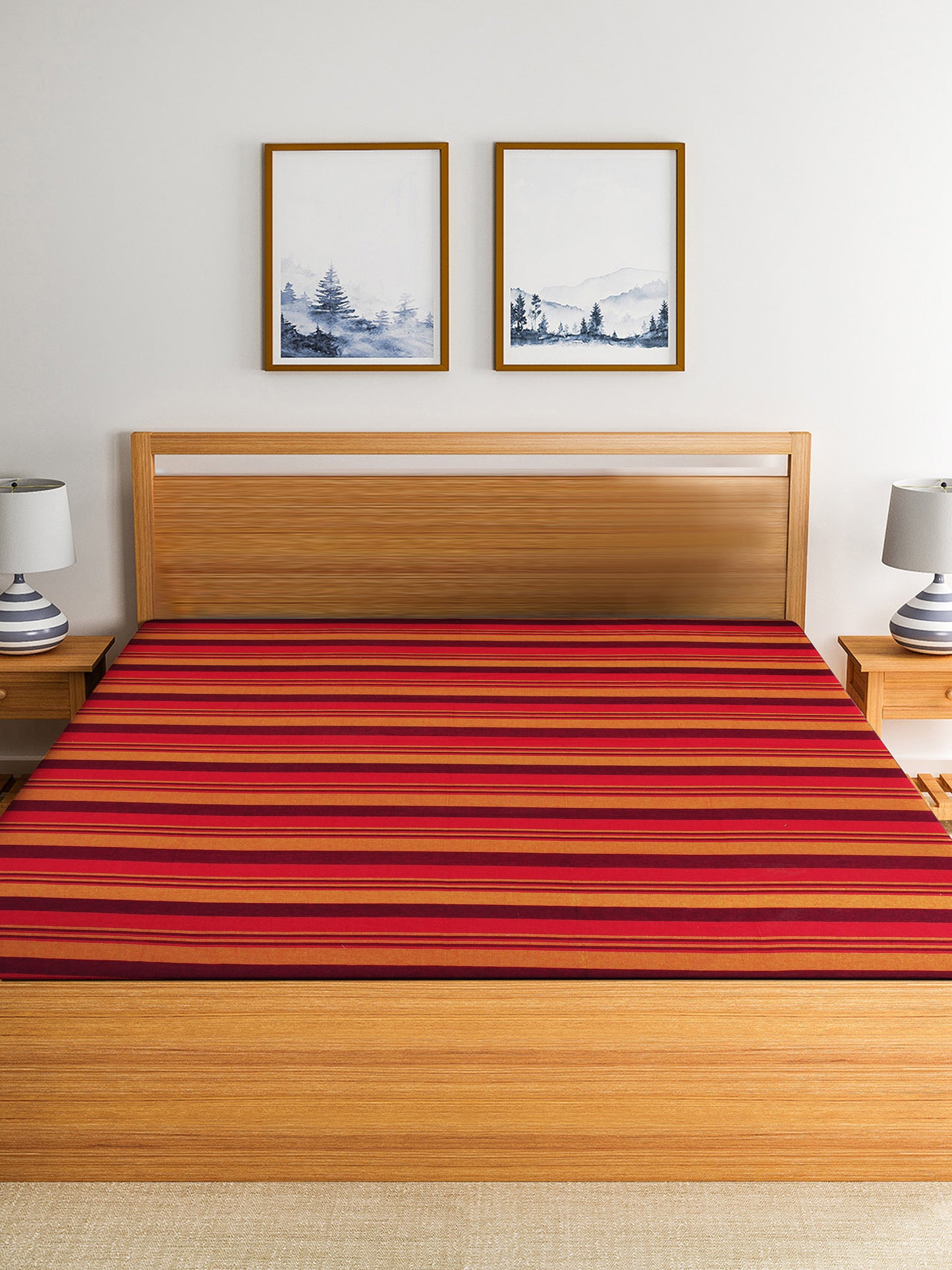 Handloom Cotton Red Striped Double Bedcover without Pillow Covers