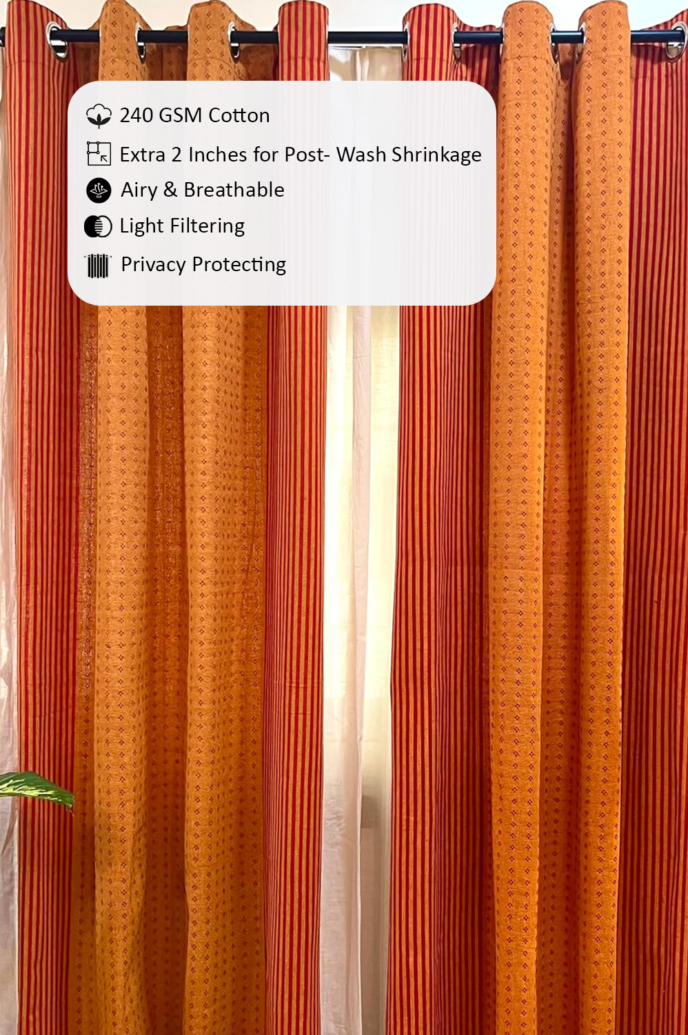 Handloom Cotton Orange-Red Darkened Glow Curtains 5 feet (Set of 2)