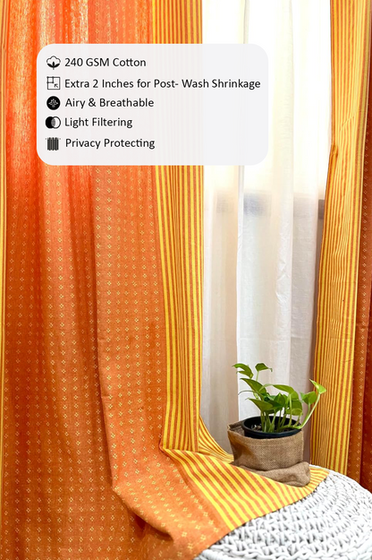 Handloom Cotton Orange-Yellow Darkened Glow Curtains 8 feet (Set of 2)